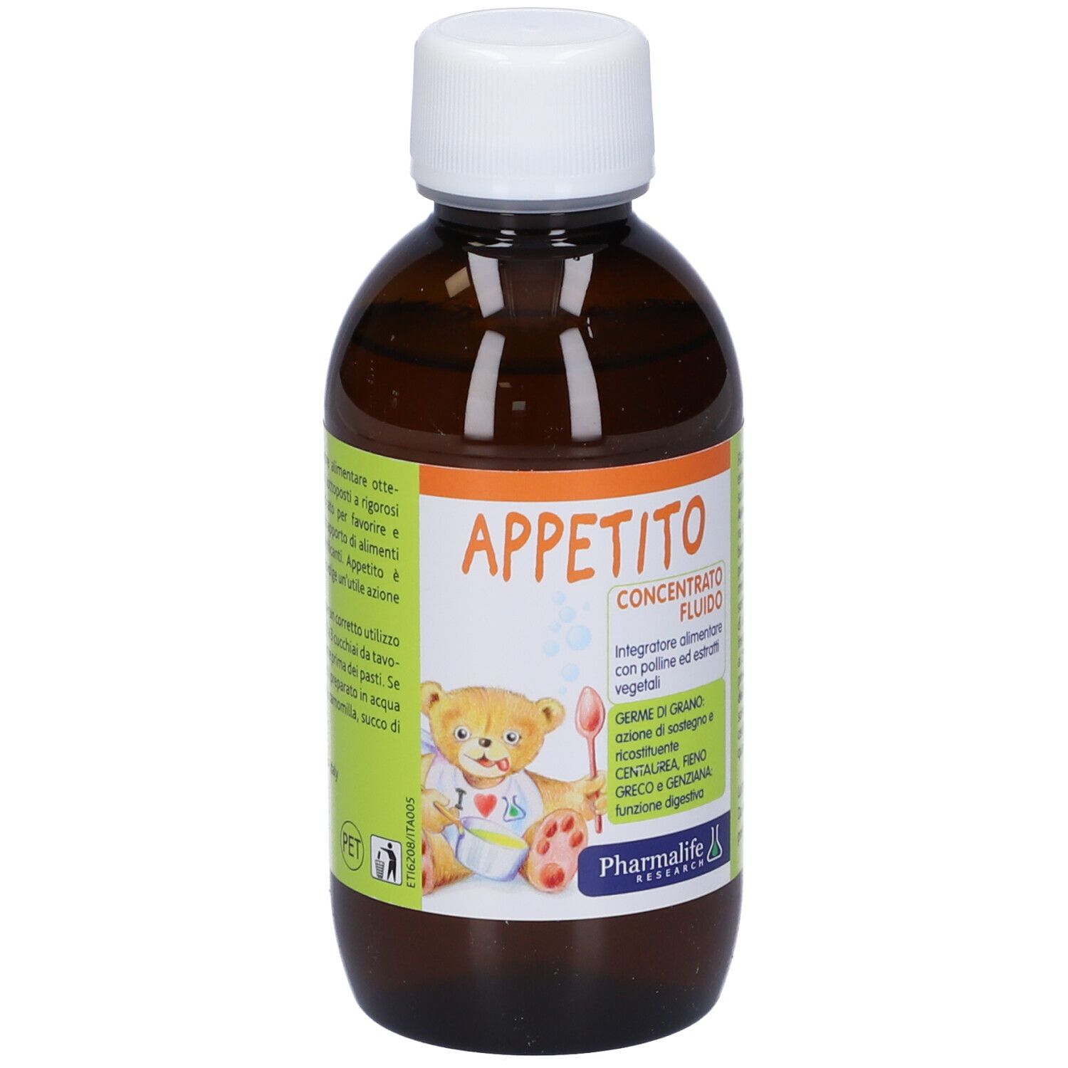 Bottiglia marrone con tappo bianco. Etichetta con nome prodotto e orsetto.