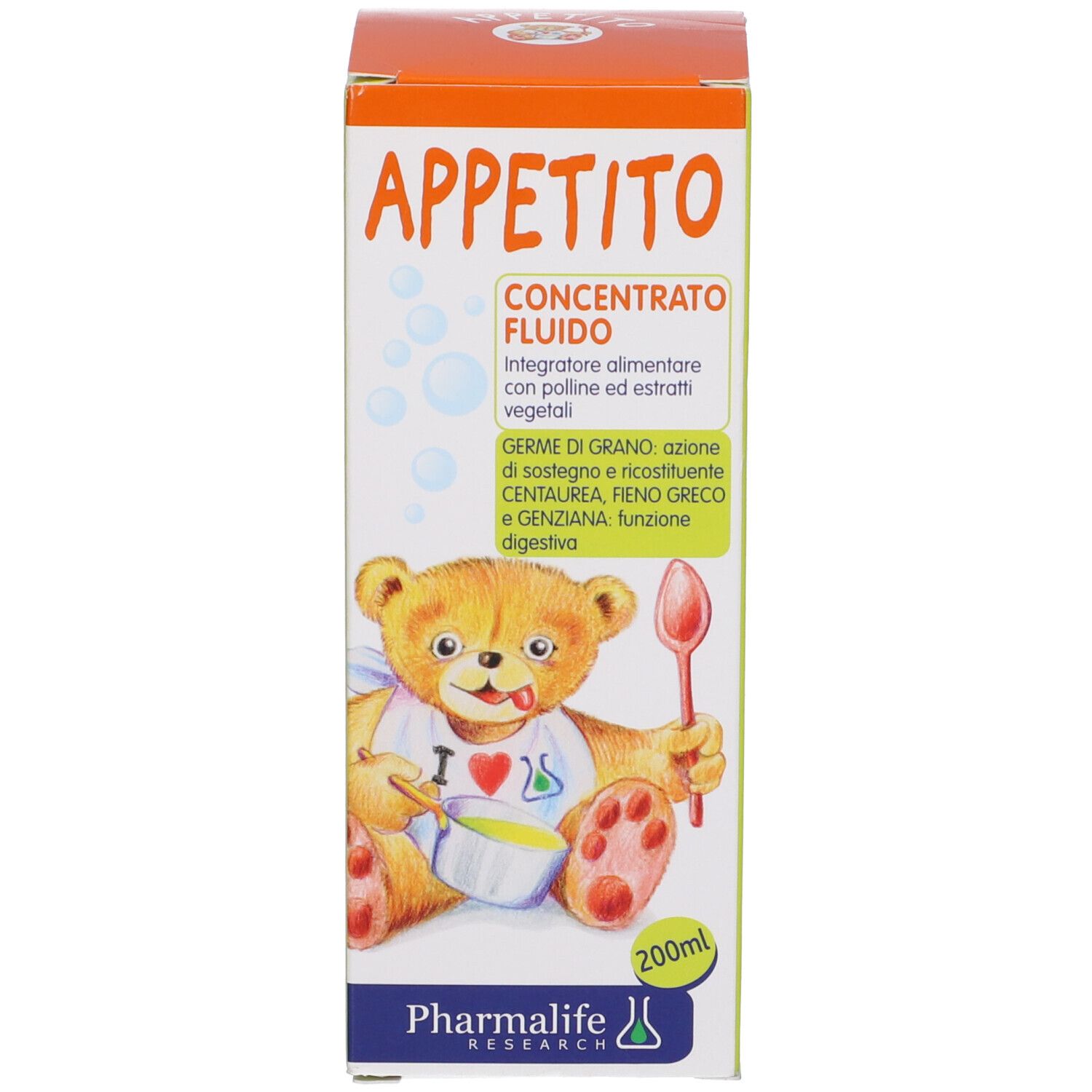 Confezione con nome del prodotto e illustrazione orsetto. Contiene testo e logo.