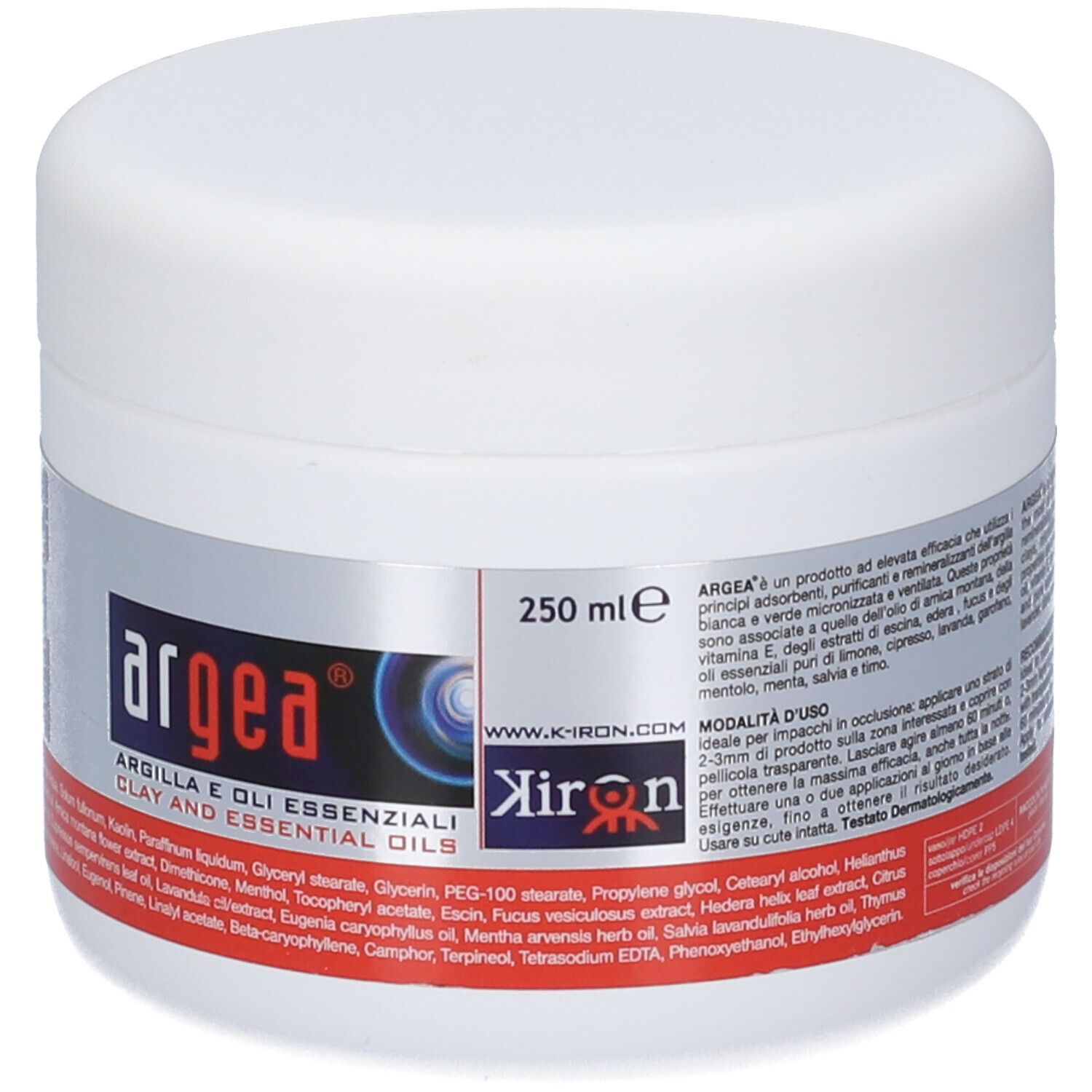 Vorderseite einer weißen Dose mit Argea Argilla, 250 ml, mit Produktinformationen.