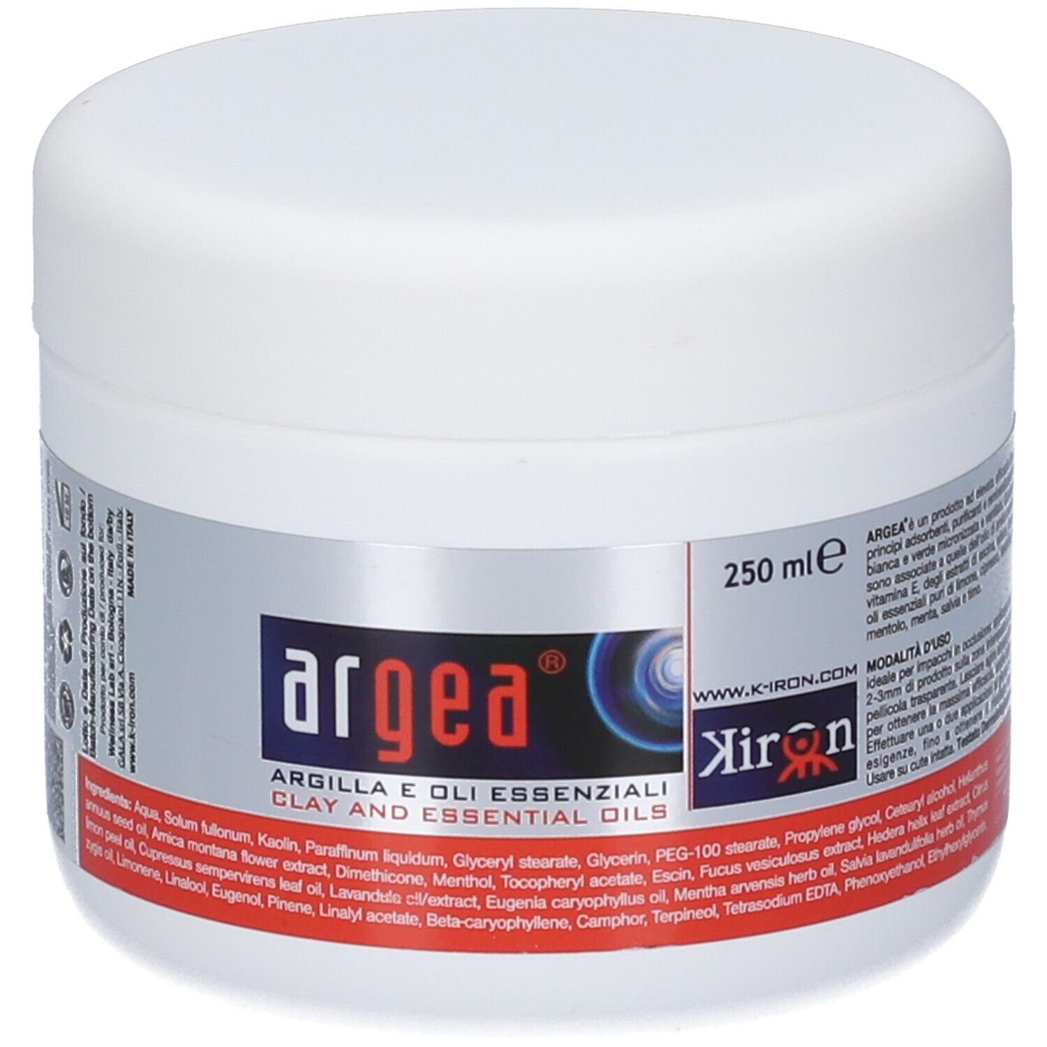 Weiße Dose mit Argea Argilla, 250 ml, mit detaillierten Produktinformationen.