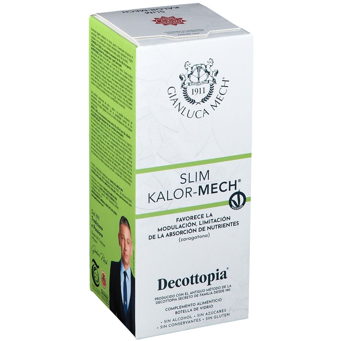 Vista obliqua della scatola Slim Kalor-Mech. Scatola bianca e verde con nome e logo. Testo: 'Favorisce la modulazione...'.