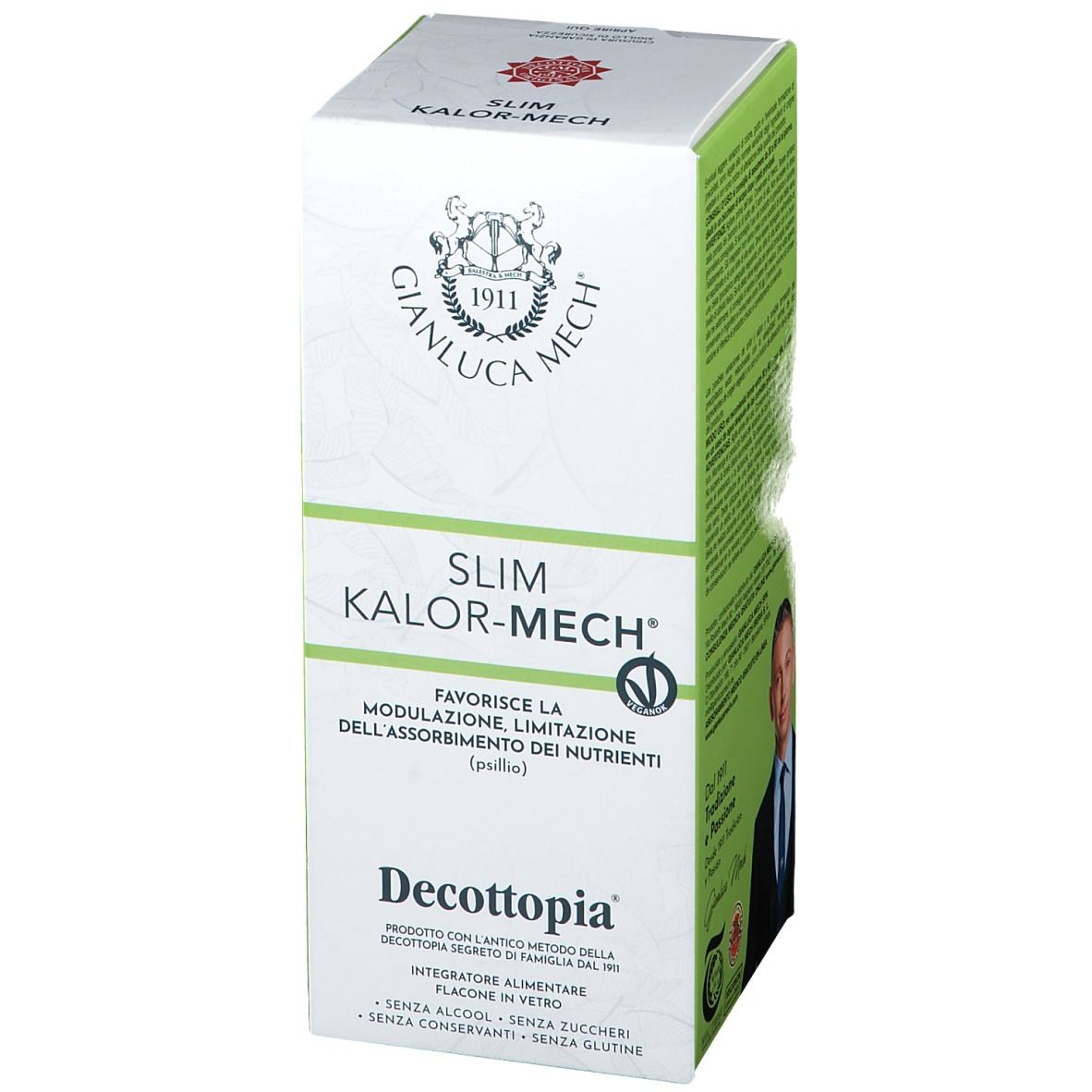 Vista obliqua della scatola Slim Kalor-Mech. Scatola bianca e verde con nome e logo. Testo: 'Favorisce la modulazione...'.