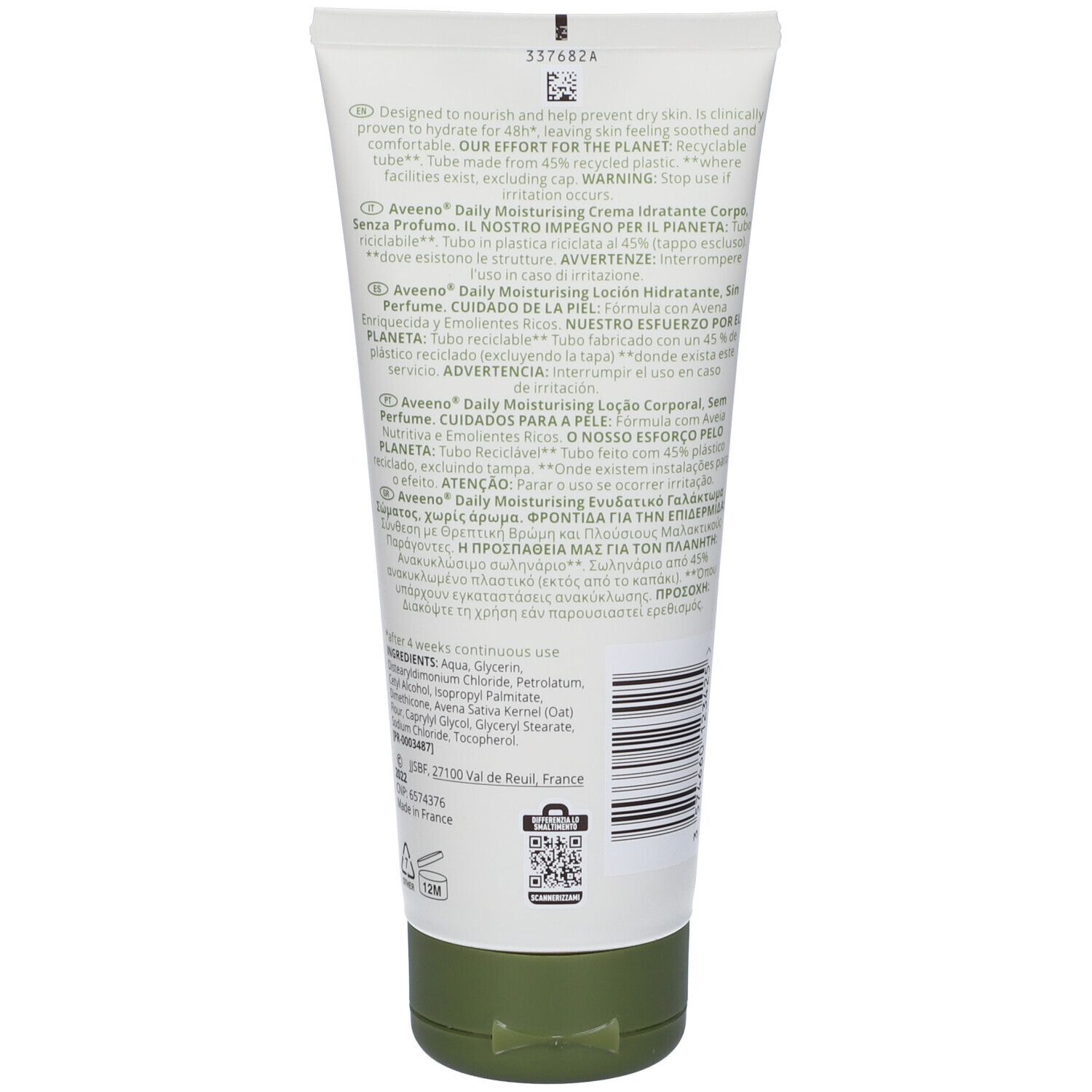 Dos du tube de lotion corporelle Aveeno Daily. Texte multilingue. Code et symbole de recyclage.