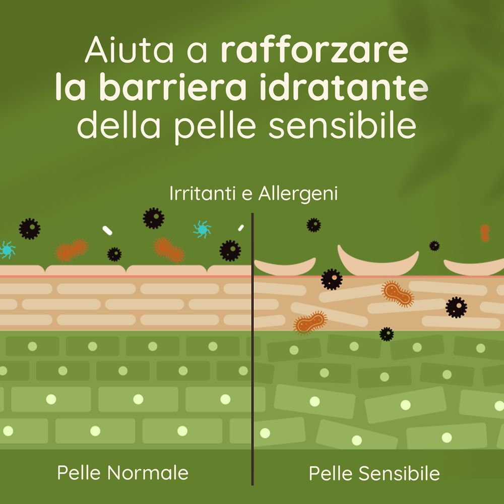Graphique: Couches de peau. Texte: Aiuta a rafforzare la barriera idratante della pelle sensibile. Pelli normale/sensibile.