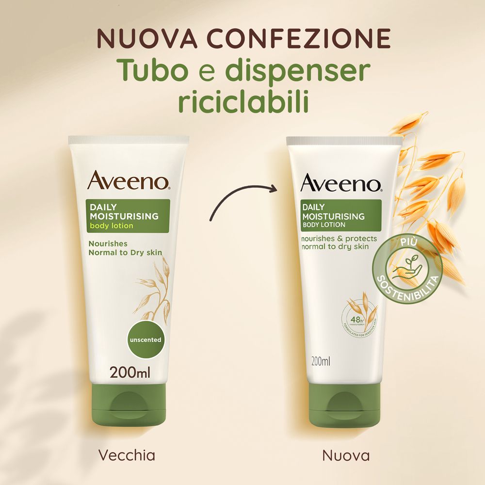 Comparaison: Ancien et nouveau tube de lotion corporelle Aveeno Daily. Texte: Tubo e dispenser riciclabili, Più sostenibilità.