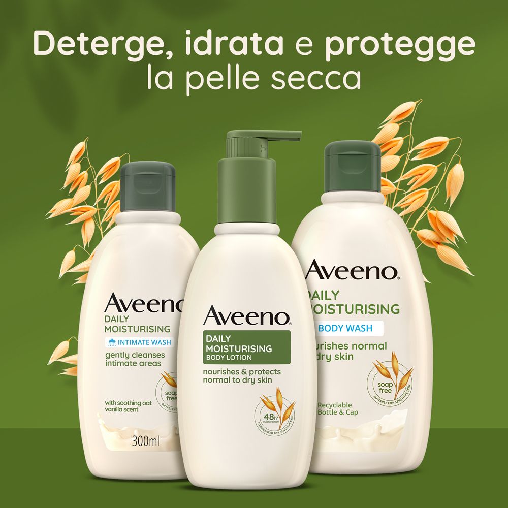 Trois produits Aveeno: Daily Moisturising Body Lotion, Body Wash, Intimate Wash. Texte: Deterge, idrata e protegge la pelle secca.