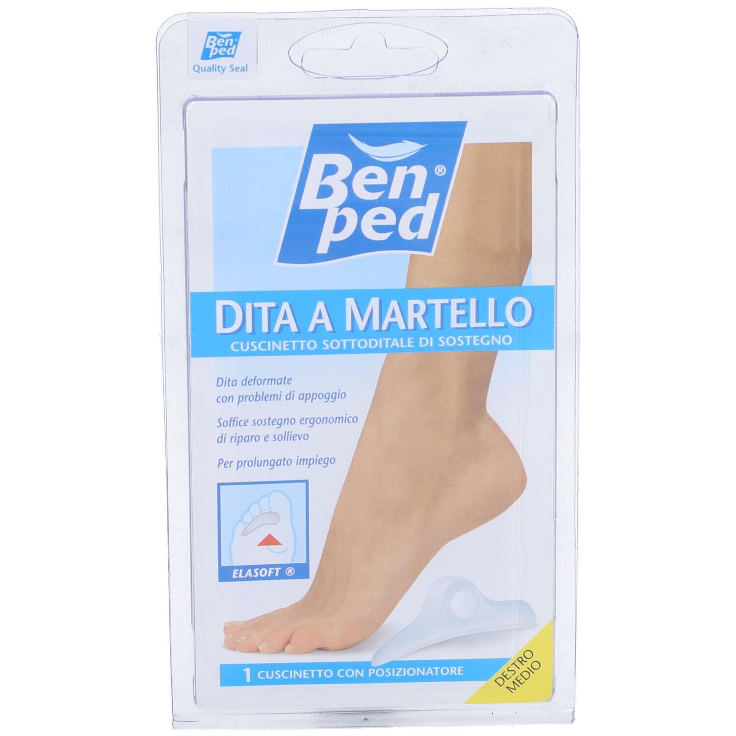 Prodotto in blister. Testo: Benped, Dita a Martello, 1 cuscino. Piede con prodotto. Cuscino bianco.