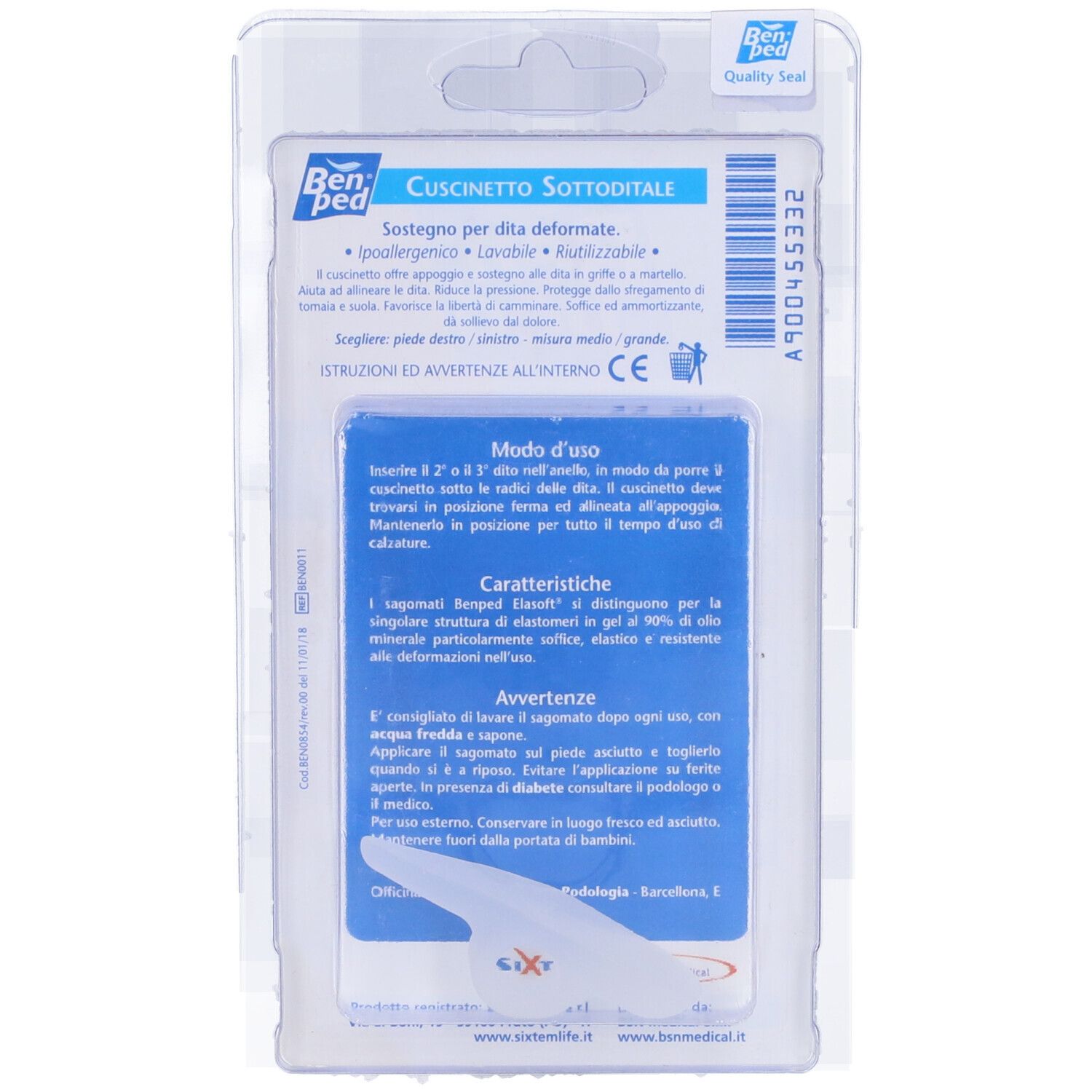 Retro della confezione blister. Testo: Benped, Cuscinetto Sottoditale. Istruzioni per l'uso. Cuscino bianco.