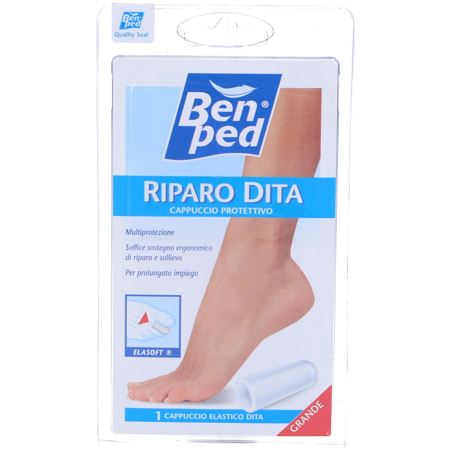 Confezione con protezione per dita. Nome e logo del prodotto. Protezione cilindrica bianca per dita vicino a un piede.