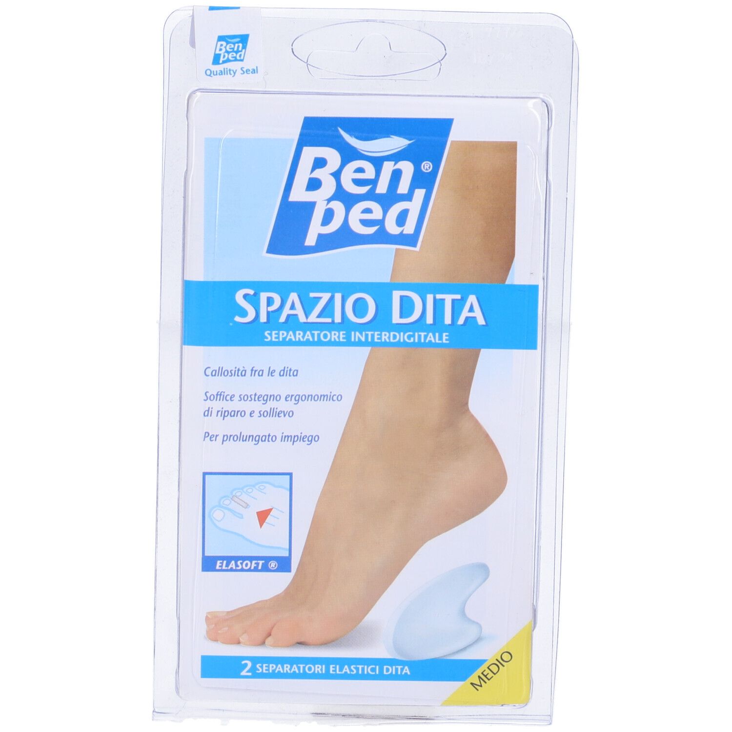 Confezione con separatore per dita e piede. Nome e logo del prodotto sulla confezione. Testo in italiano.
