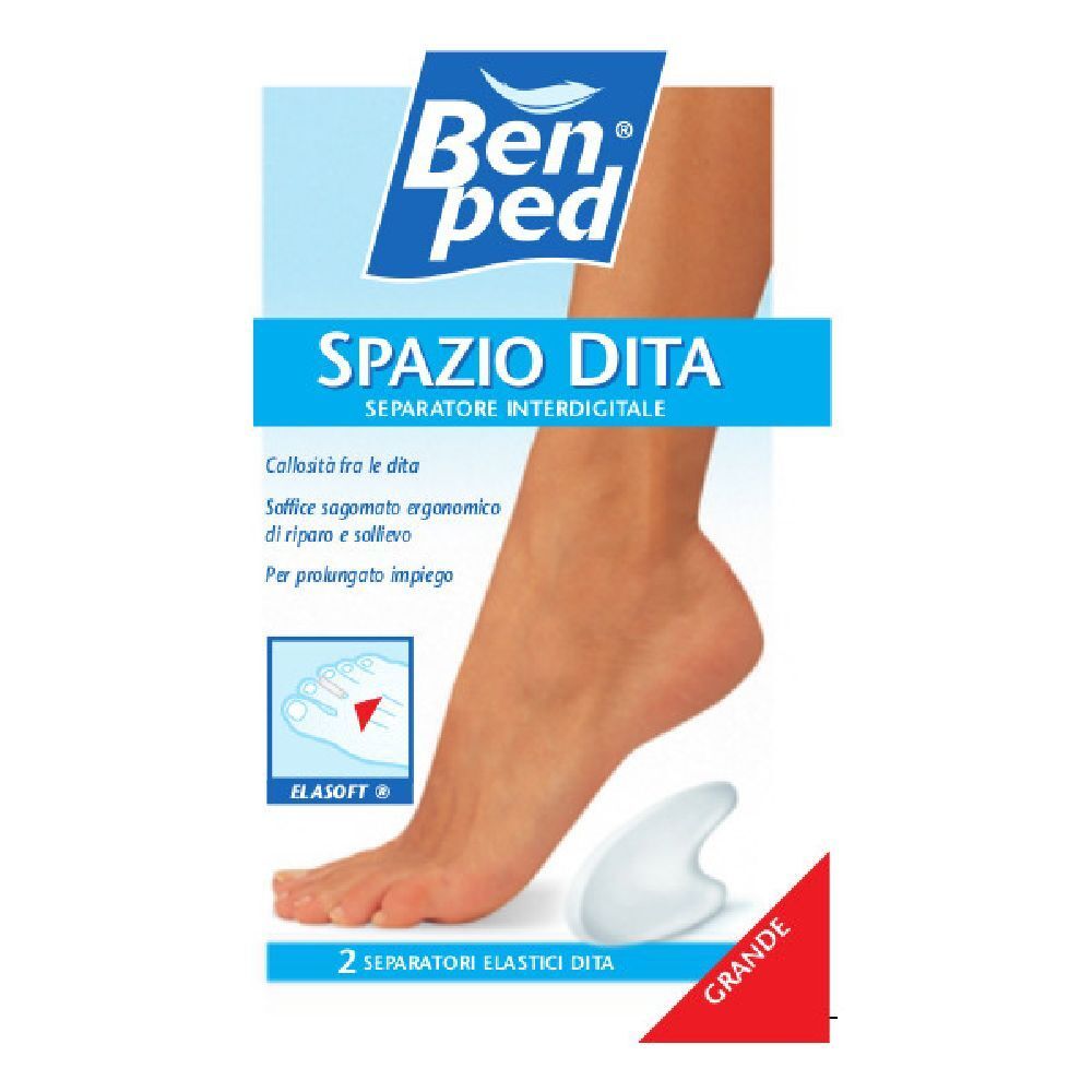 Confezione con due separatori per dita Benped. Testo Spazio Dita. Materiale elastico. Piede illustrato.