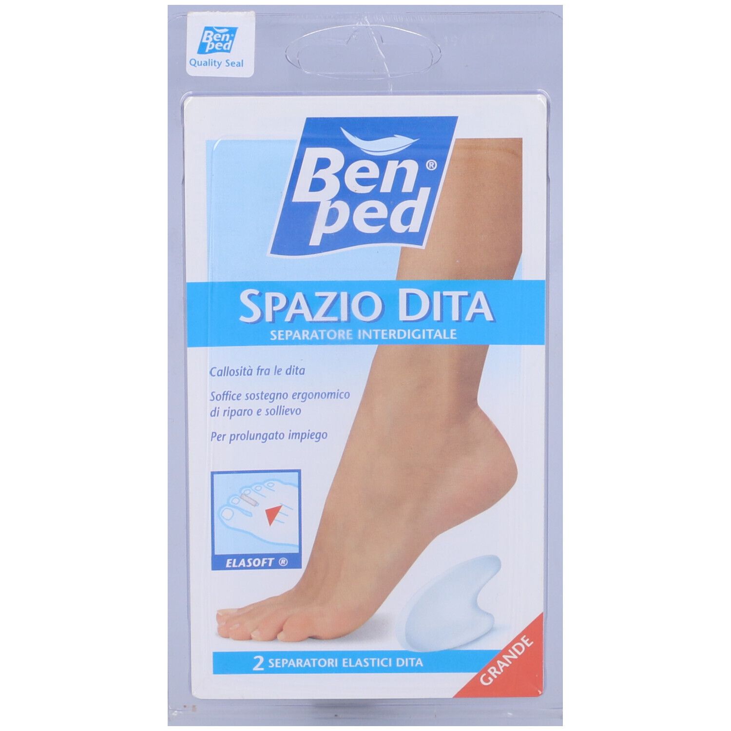 Confezione con due separatori per dita Benped. Testo Spazio Dita. Materiale elastico. Piede illustrato.