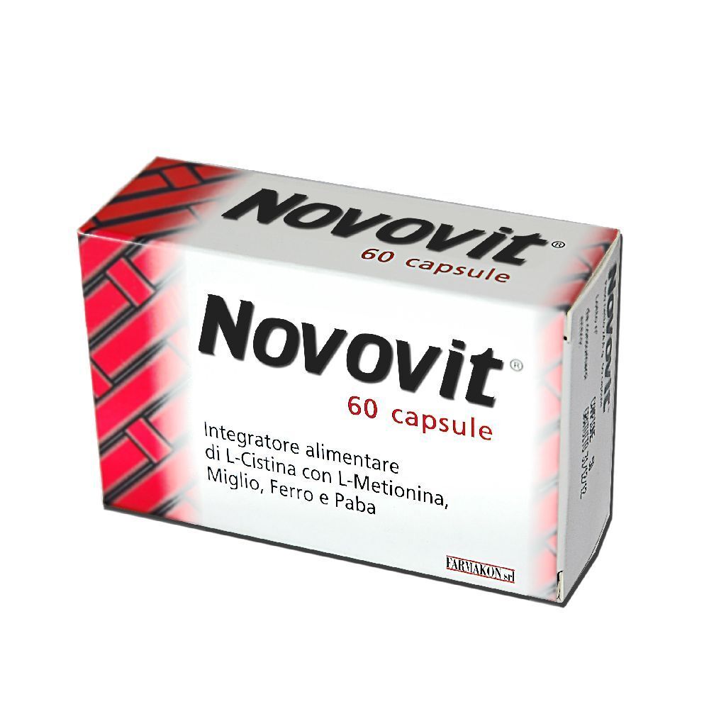 Scatola bianca e rossa con scritta Novovit, 60 capsule. Testo: Integratore alimentare di L-Cistina con L-Metionina, Miglio, Ferro e Paba.