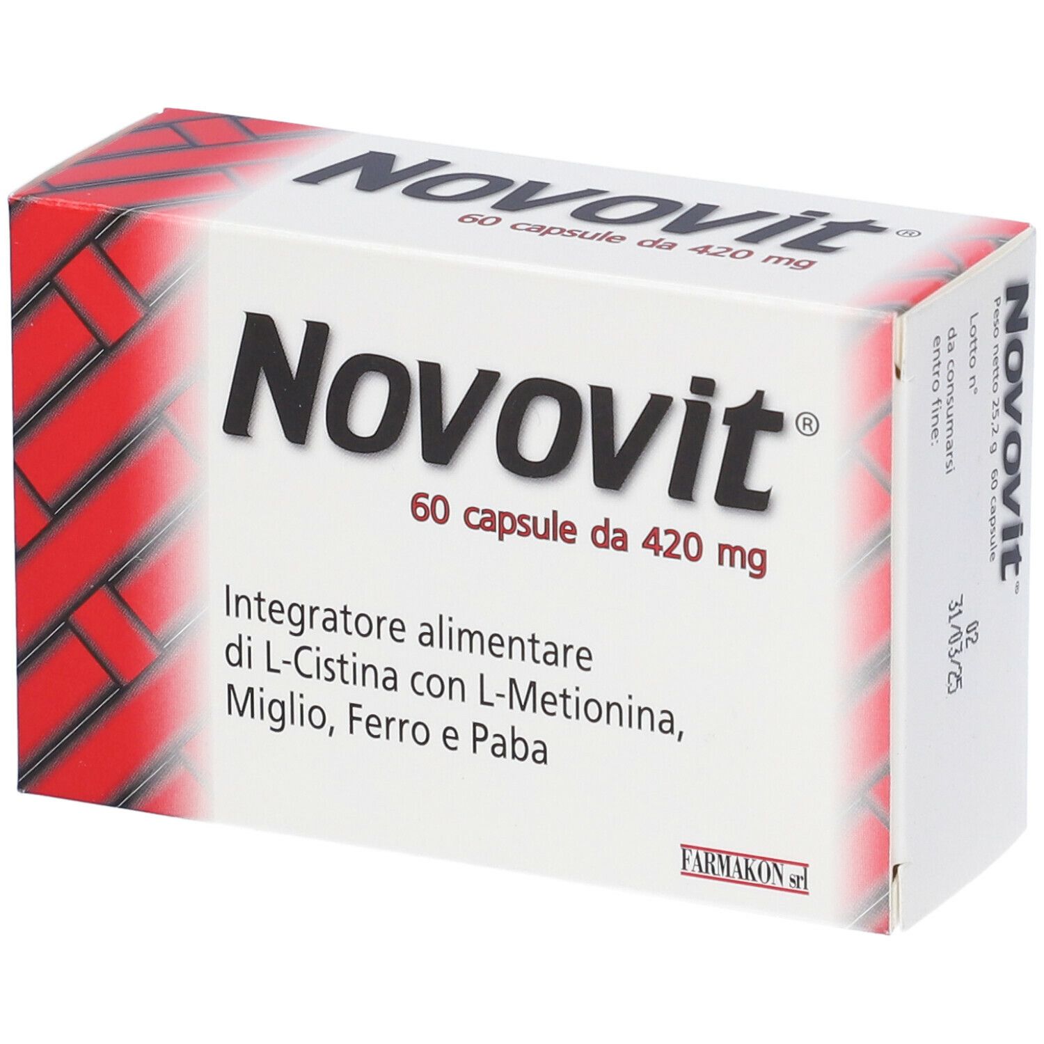 Scatola bianca e rossa con scritta Novovit, 60 capsule, 420 mg. Testo: Integratore alimentare di L-Cistina con L-Metionina, Miglio, Ferro e Paba.