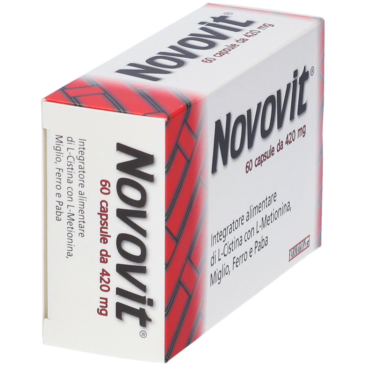 Scatola bianca e rossa con scritta Novovit, 60 capsule, 420 mg. Testo: Integratore alimentare di L-Cistina con L-Metionina, Miglio, Ferro e Paba.