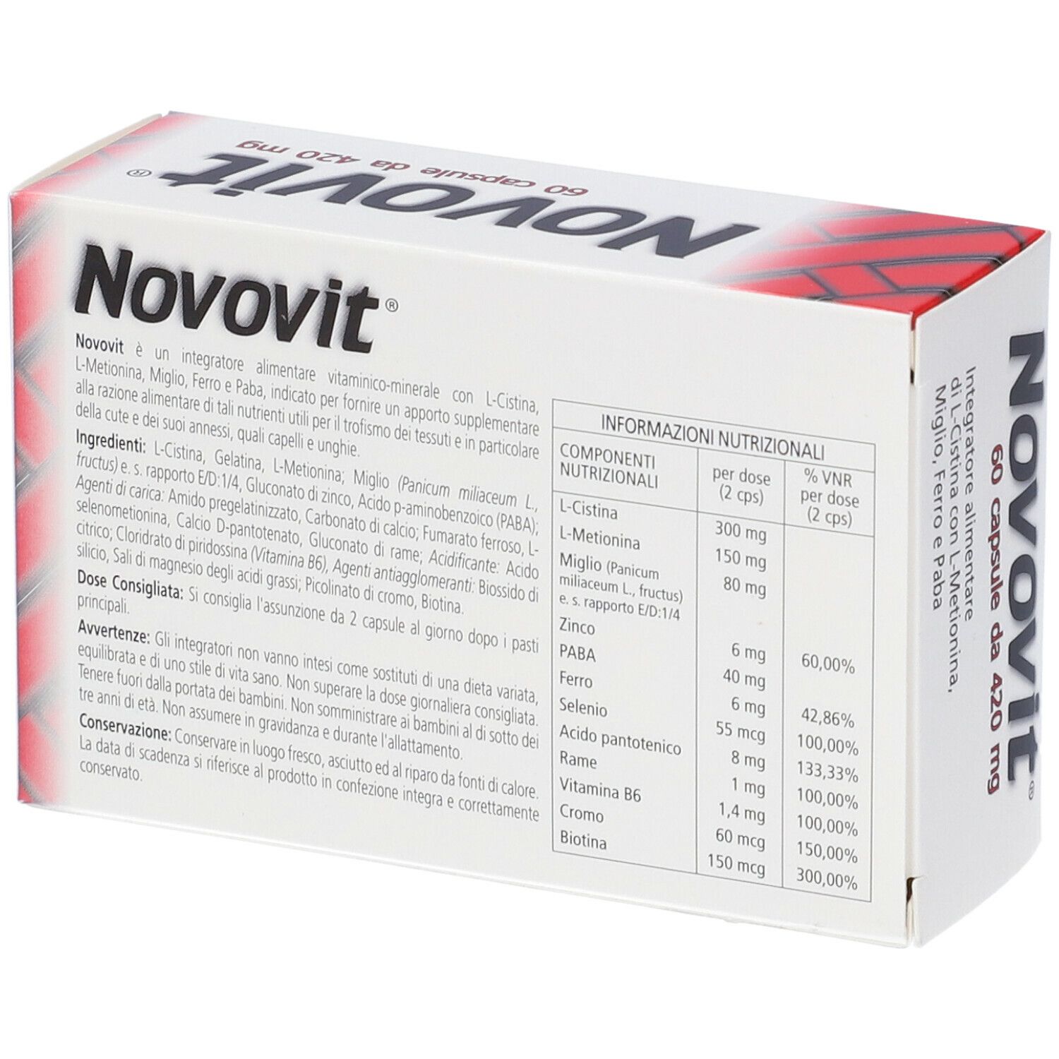 Scatola bianca e rossa con scritta Novovit, 60 capsule, 420 mg. Testo: Integratore alimentare di L-Cistina con L-Metionina, Miglio, Ferro e Paba.