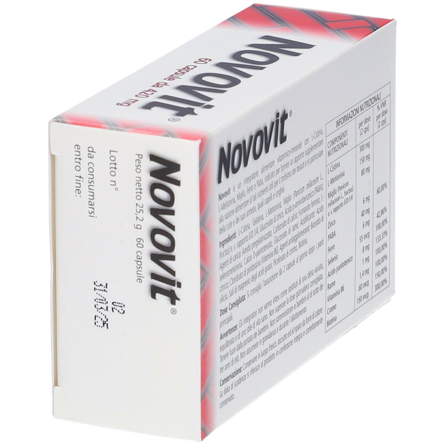 Scatola bianca e rossa con scritta Novovit, 60 capsule, 420 mg. Testo: Integratore alimentare di L-Cistina con L-Metionina, Miglio, Ferro e Paba.