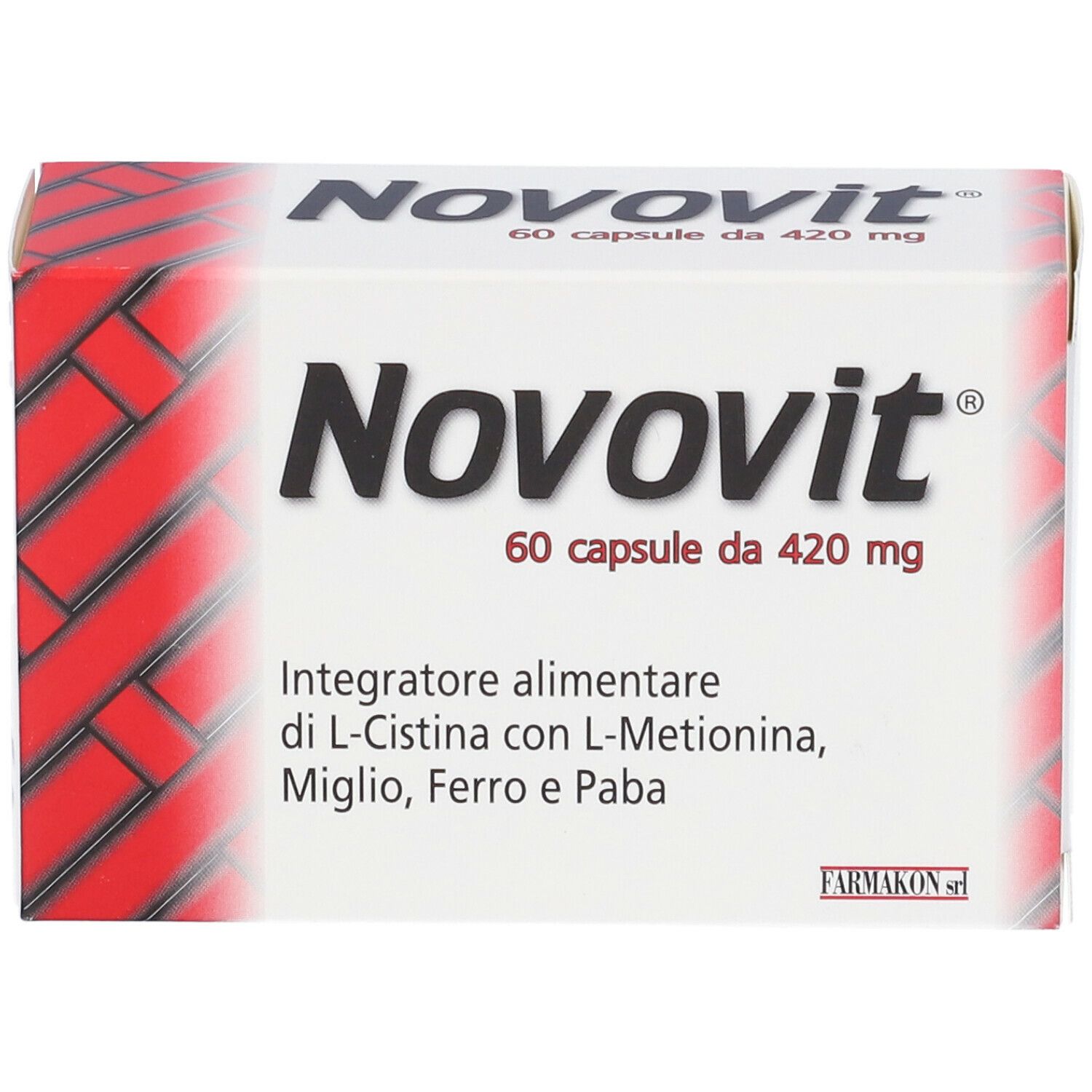Scatola bianca e rossa con scritta Novovit, 60 capsule, 420 mg. Testo: Integratore alimentare di L-Cistina con L-Metionina, Miglio, Ferro e Paba.