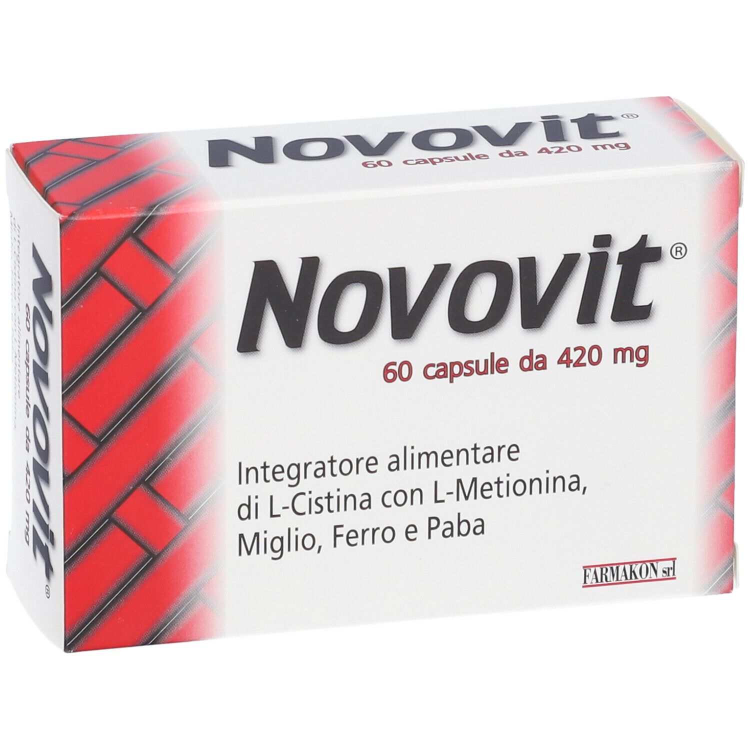Scatola bianca e rossa con scritta Novovit, 60 capsule, 420 mg. Testo: Integratore alimentare di L-Cistina con L-Metionina, Miglio, Ferro e Paba.