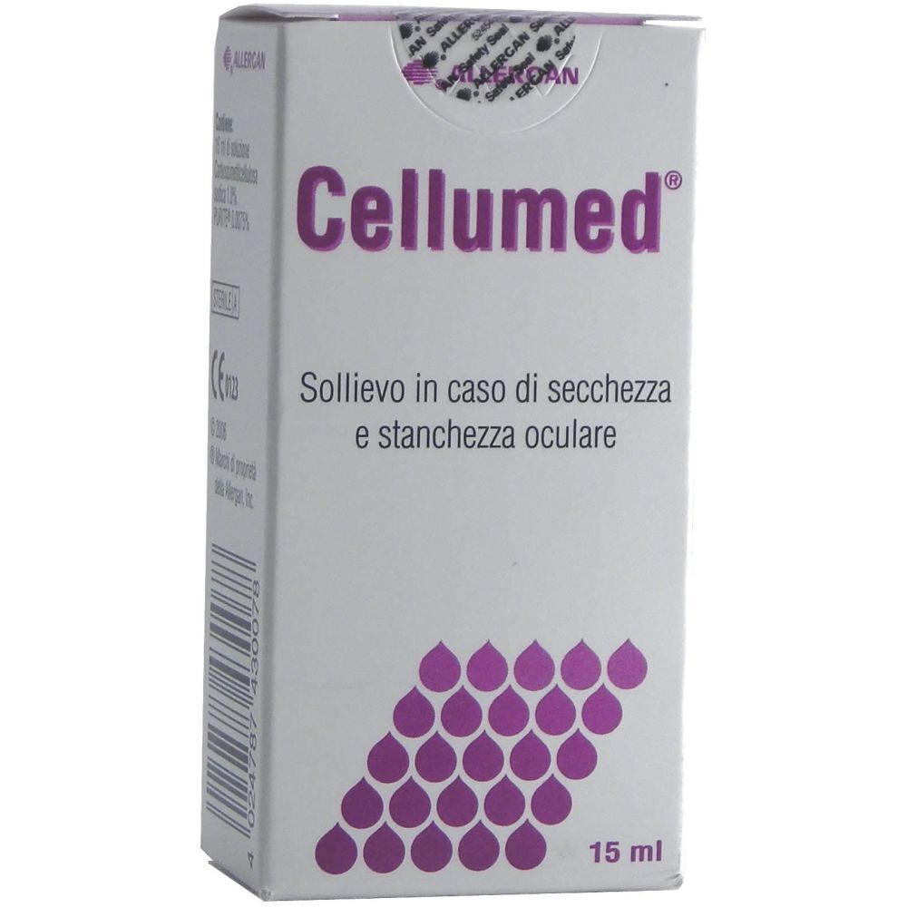 Weiße Schachtel mit Cellumed-Logo und Text. Lila Tropfenmuster unten. 15 ml-Angabe.