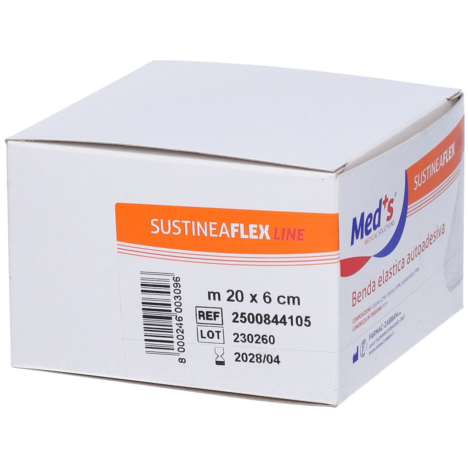 Scatola bianca. Scritte: SustineaFlex Line, m 20 x 6 cm, REF 2500844105, LOT 230260. Contiene bendaggio.