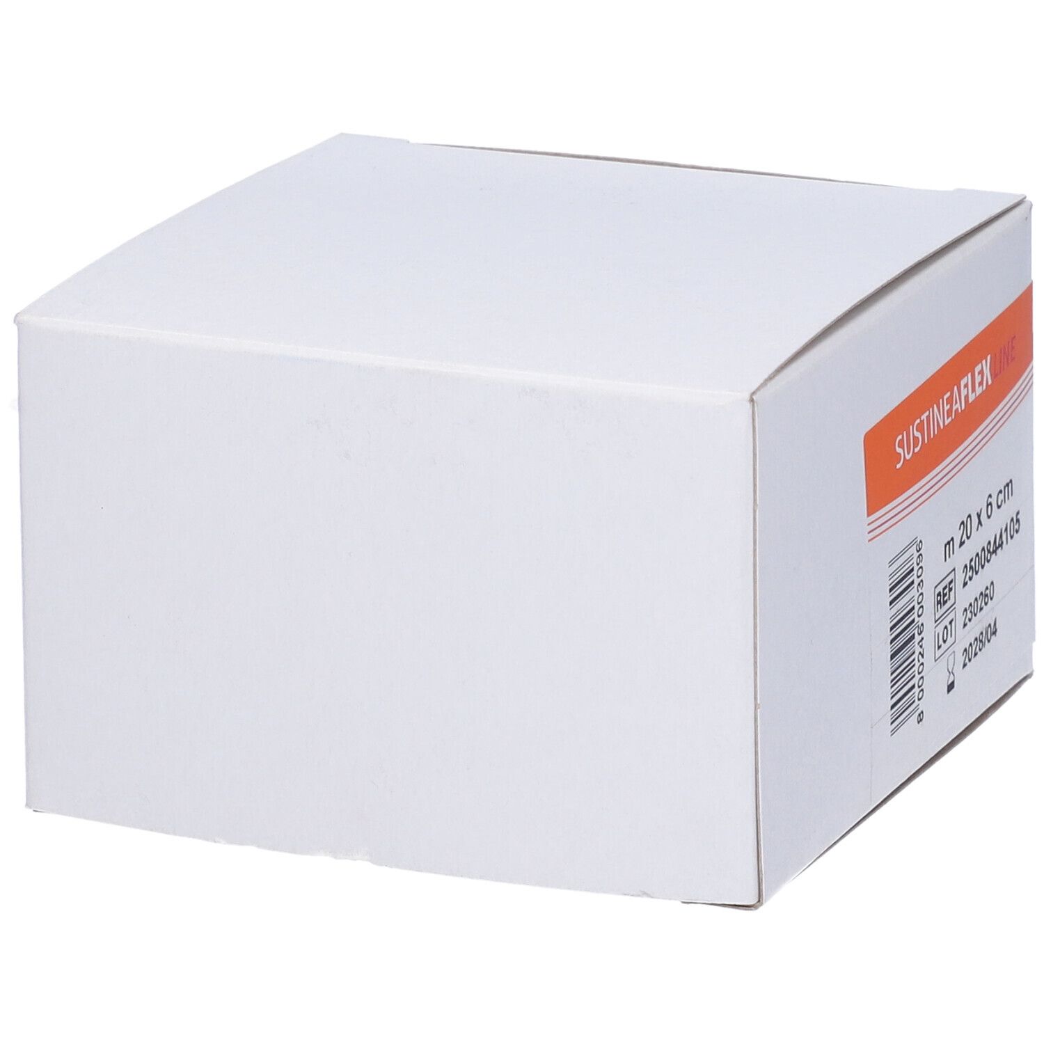 Scatola bianca. Scritte: SustineaFlex Line, m 20 x 6 cm. Contiene bendaggio.