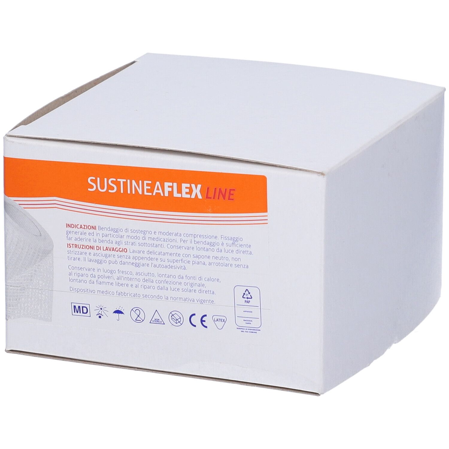 Scatola bianca. Scritte: SustineaFlex Line. Contiene bendaggio. Con istruzioni e simboli.