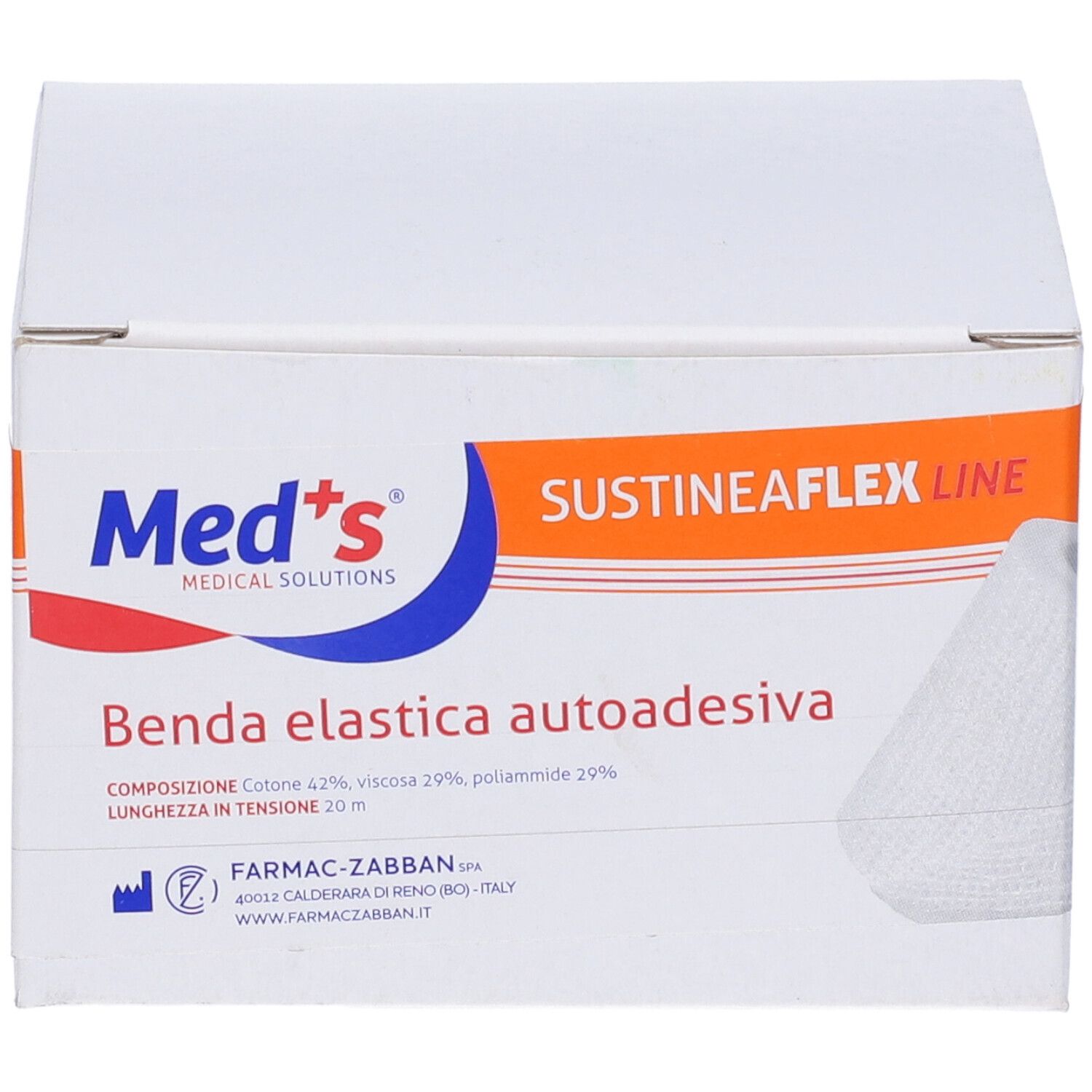 Scatola bianca. Scritte: Med's, SustineaFlex Line, Benda elastica autoadesiva. Contiene bendaggio.