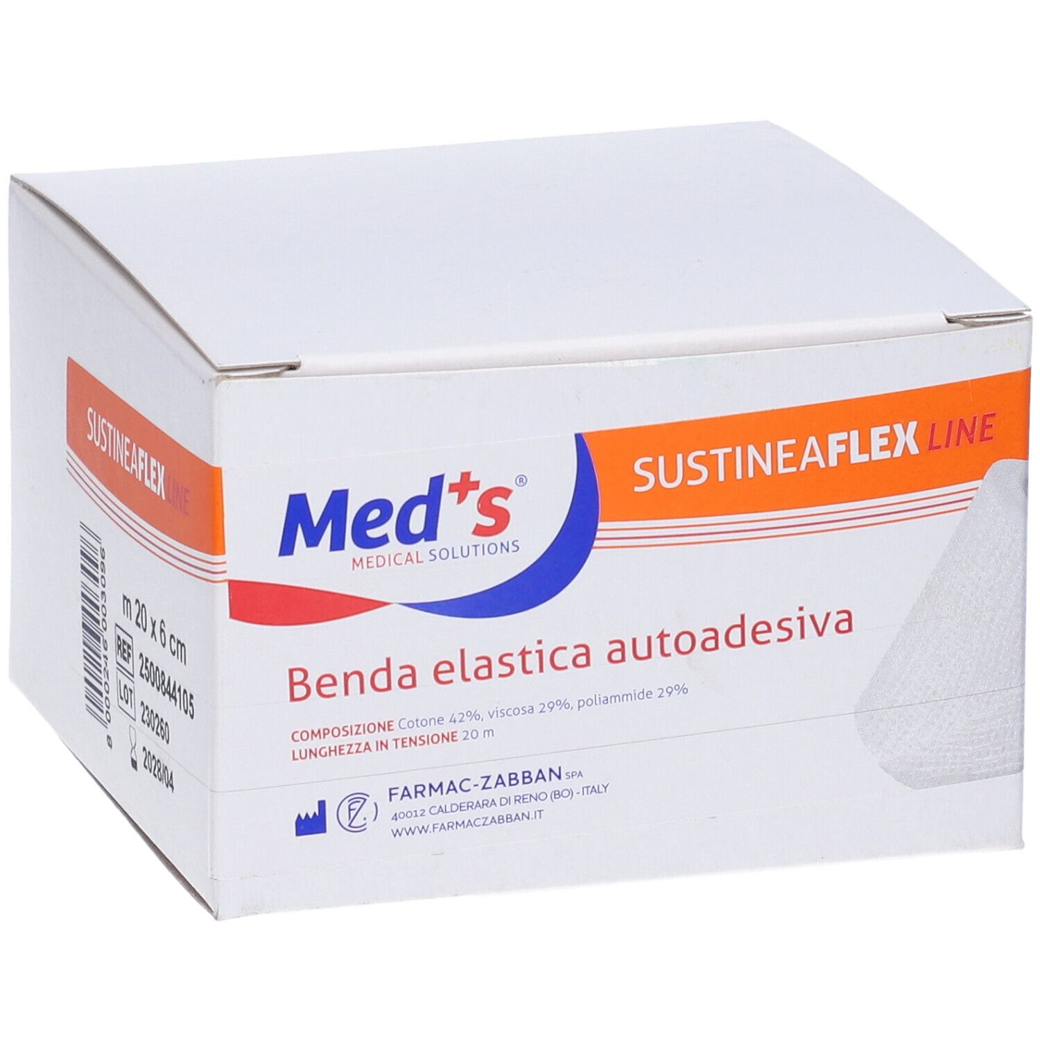 Scatola bianca. Scritte: Med's, SustineaFlex Line, Benda elastica autoadesiva. Contiene bendaggio.