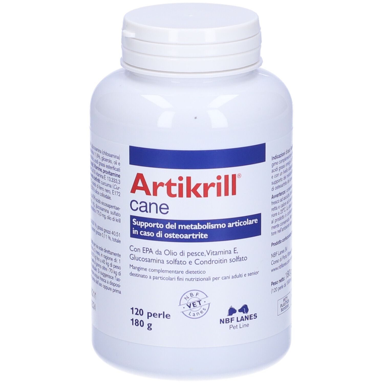 Weiße Flasche mit Schraubverschluss. Aufschrift: Artikrille cane, 120 Perlen. Für Hunde.