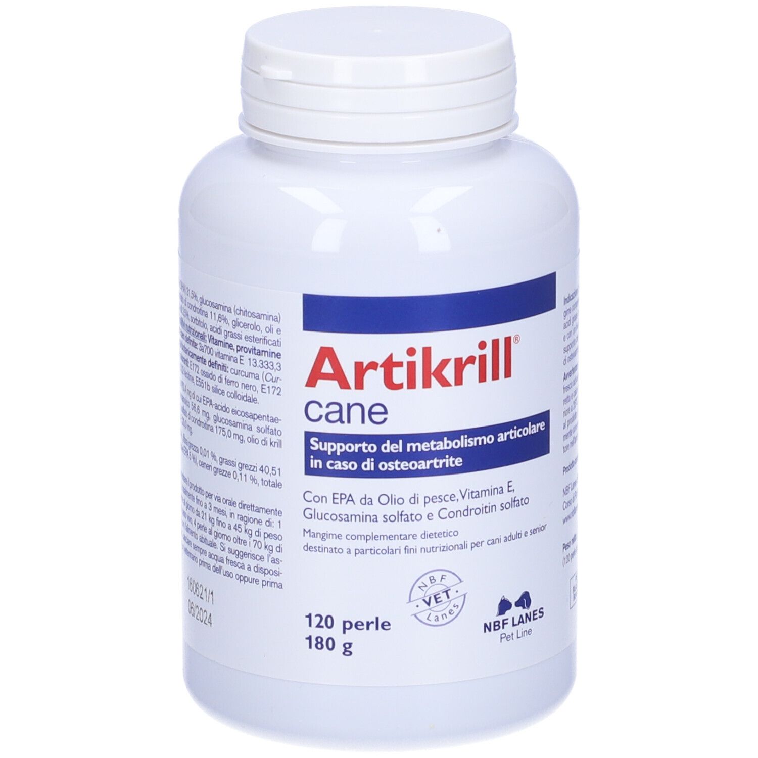 Weiße Flasche mit Aufschrift: Artikrille cane, 120 Perlen. Für Hunde. Enthält 180g.