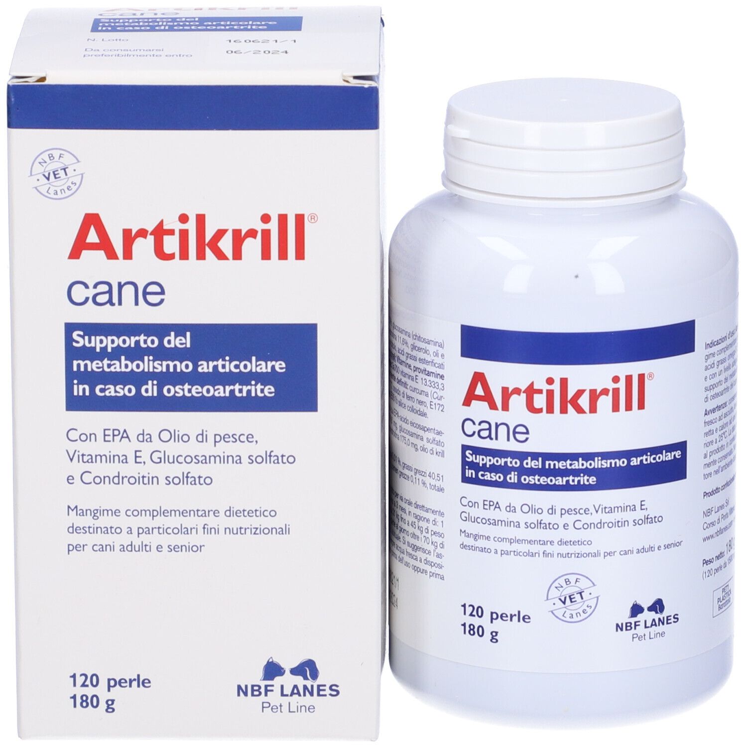 Produktverpackung mit Flasche und Karton. Aufschrift: Artikrille cane, 120 Perlen. Für Hunde.