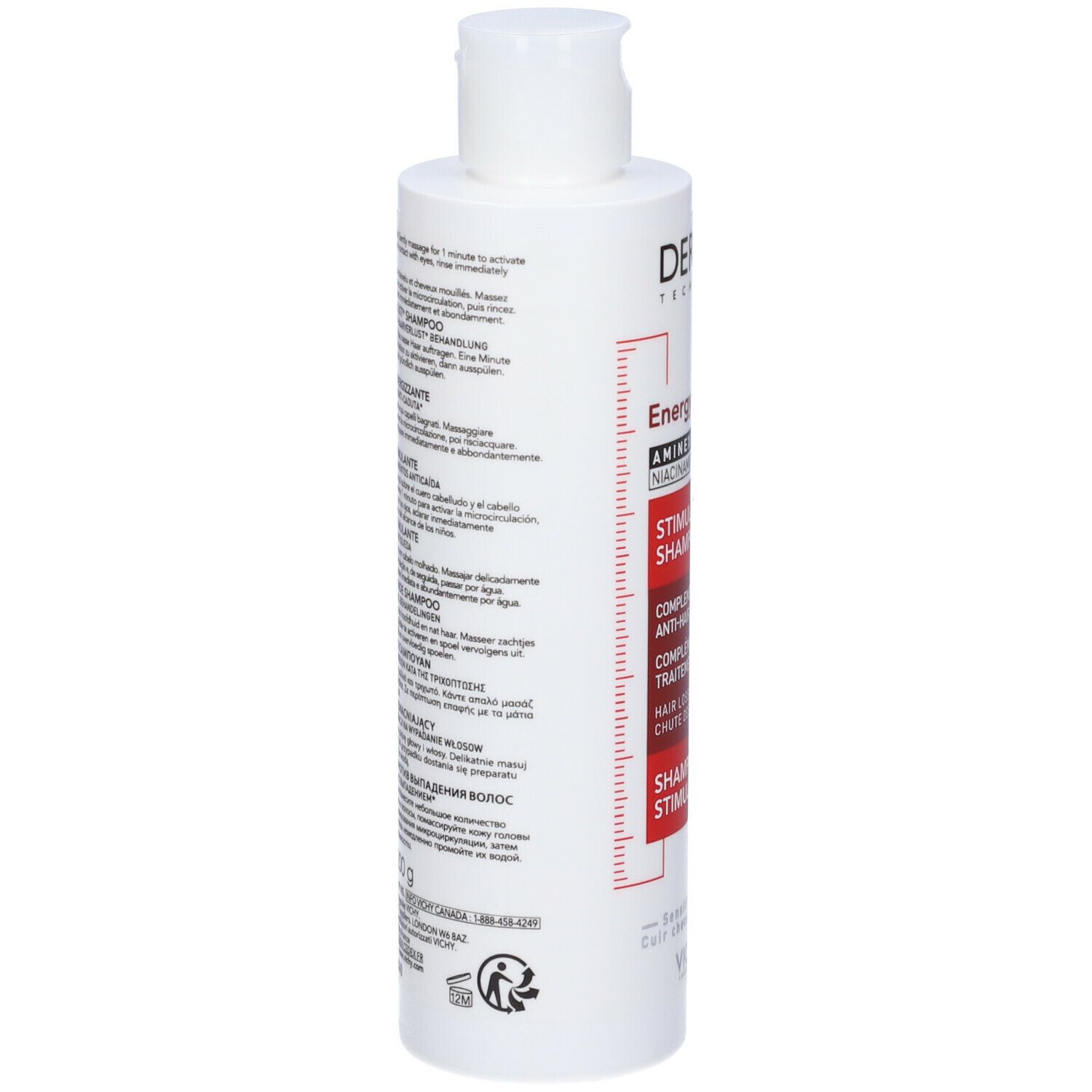 Flacone Vichy Dercos Shampoo. Testo ed etichetta rossa. Testo: Dercos Technique, Energy+, Stimulating Shampoo.