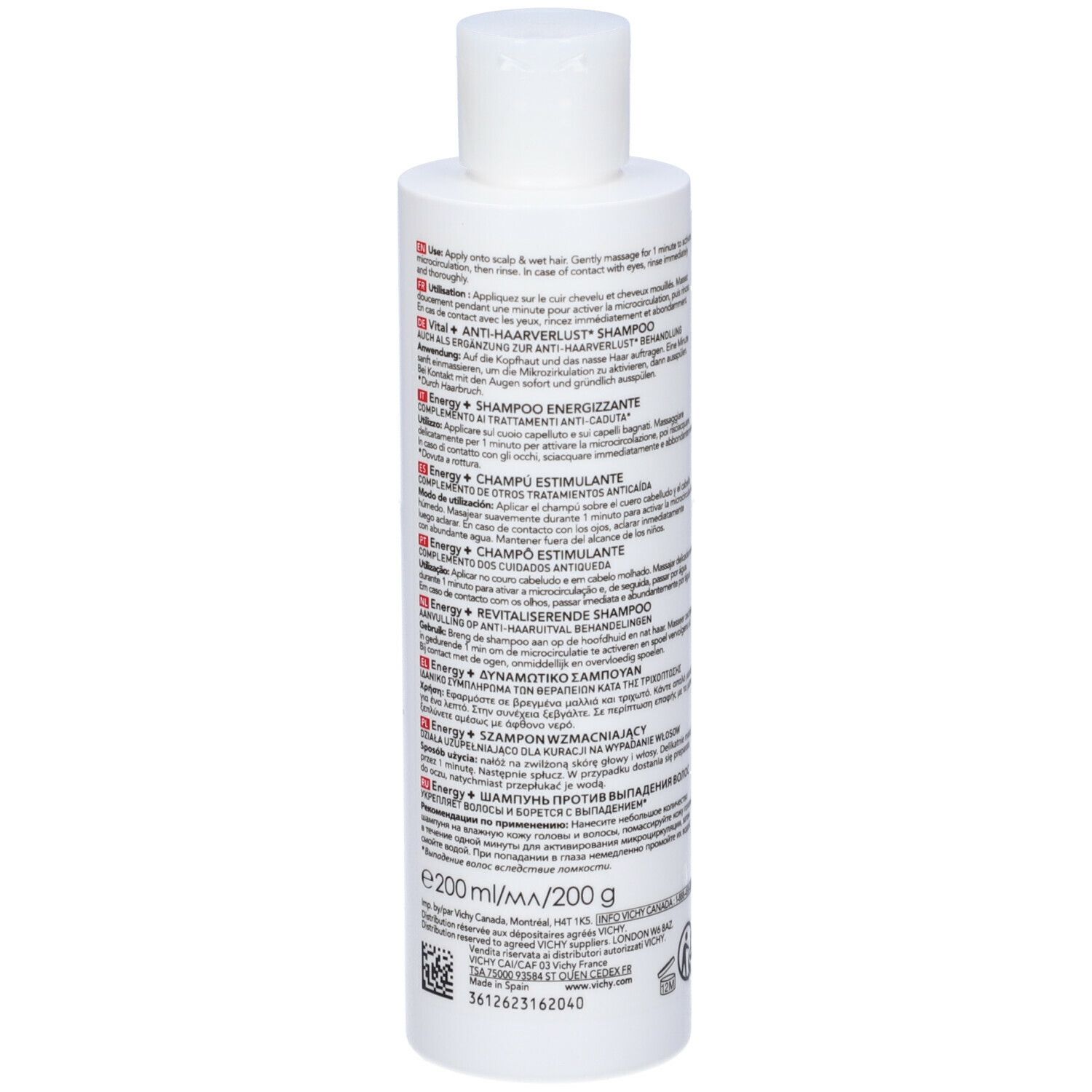 Flacone Vichy Dercos Shampoo. Testo ed etichetta rossa. Testo: Dercos Technique, Energy+, Stimulating Shampoo.