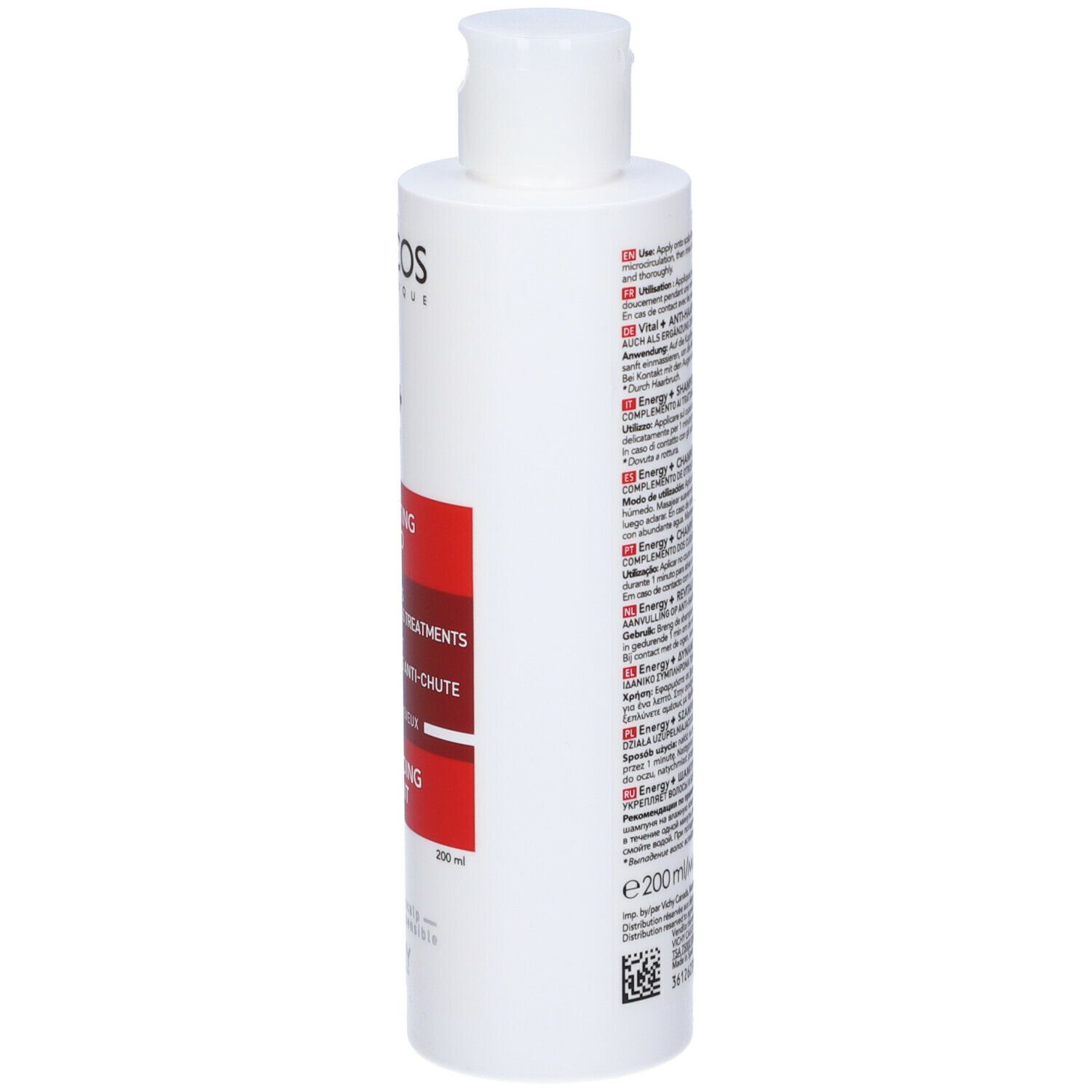 Flacone Vichy Dercos Shampoo. Testo ed etichetta rossa. Testo: Dercos Technique, Energy+, Stimulating Shampoo.