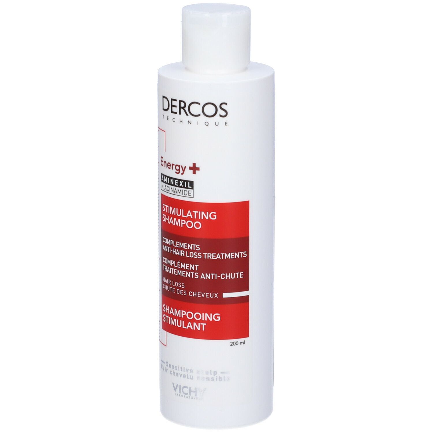 Flacone Vichy Dercos Shampoo. Testo ed etichetta rossa. Testo: Dercos Technique, Energy+, Stimulating Shampoo.