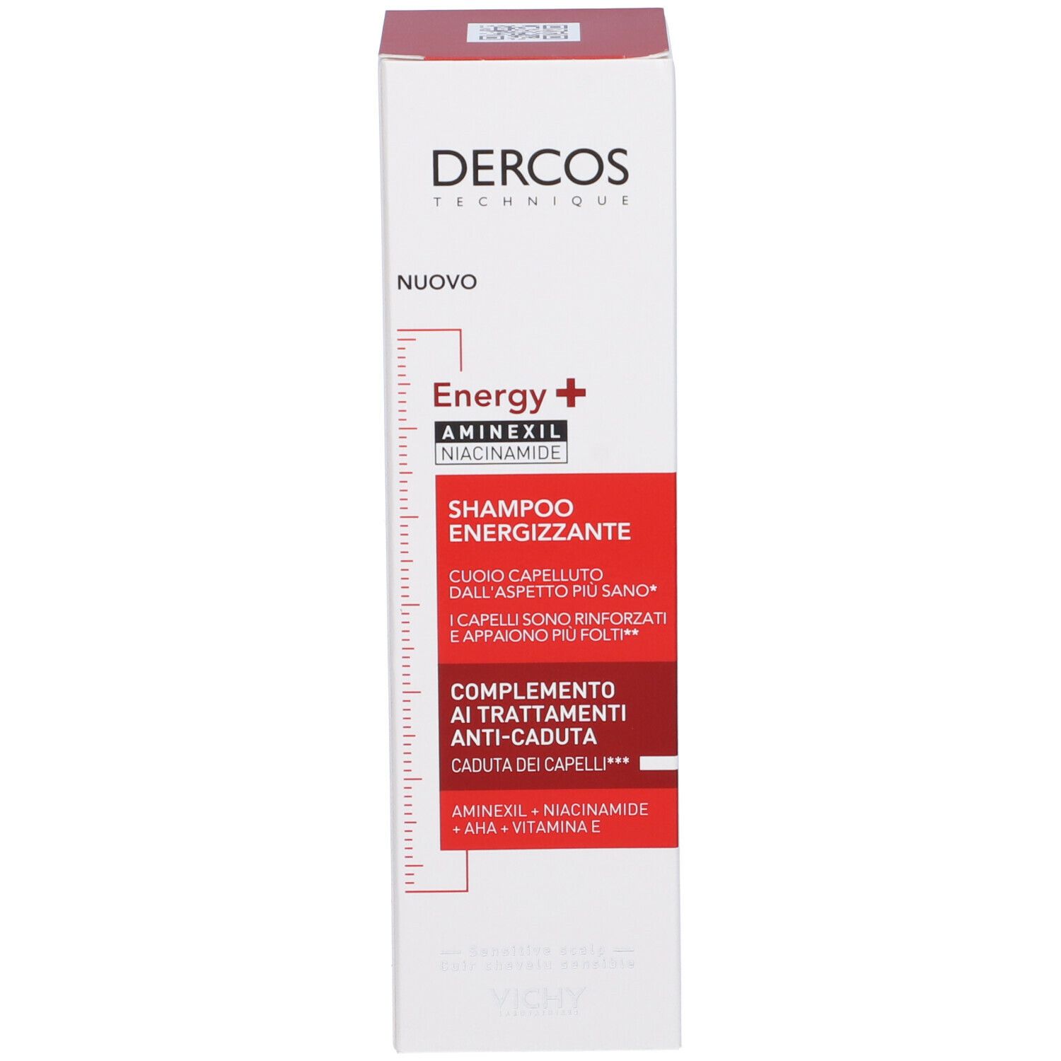 Confezione Vichy Dercos Shampoo. Scatola con testo: Dercos Technique, Energy+, Stimulating Shampoo.