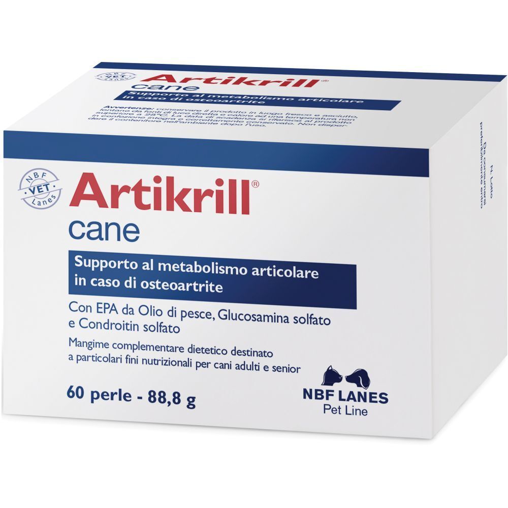 Weißer Karton mit roter Aufschrift Artikrill cane. Enthält 60 Perlen. NBF Lanes Pet Line.