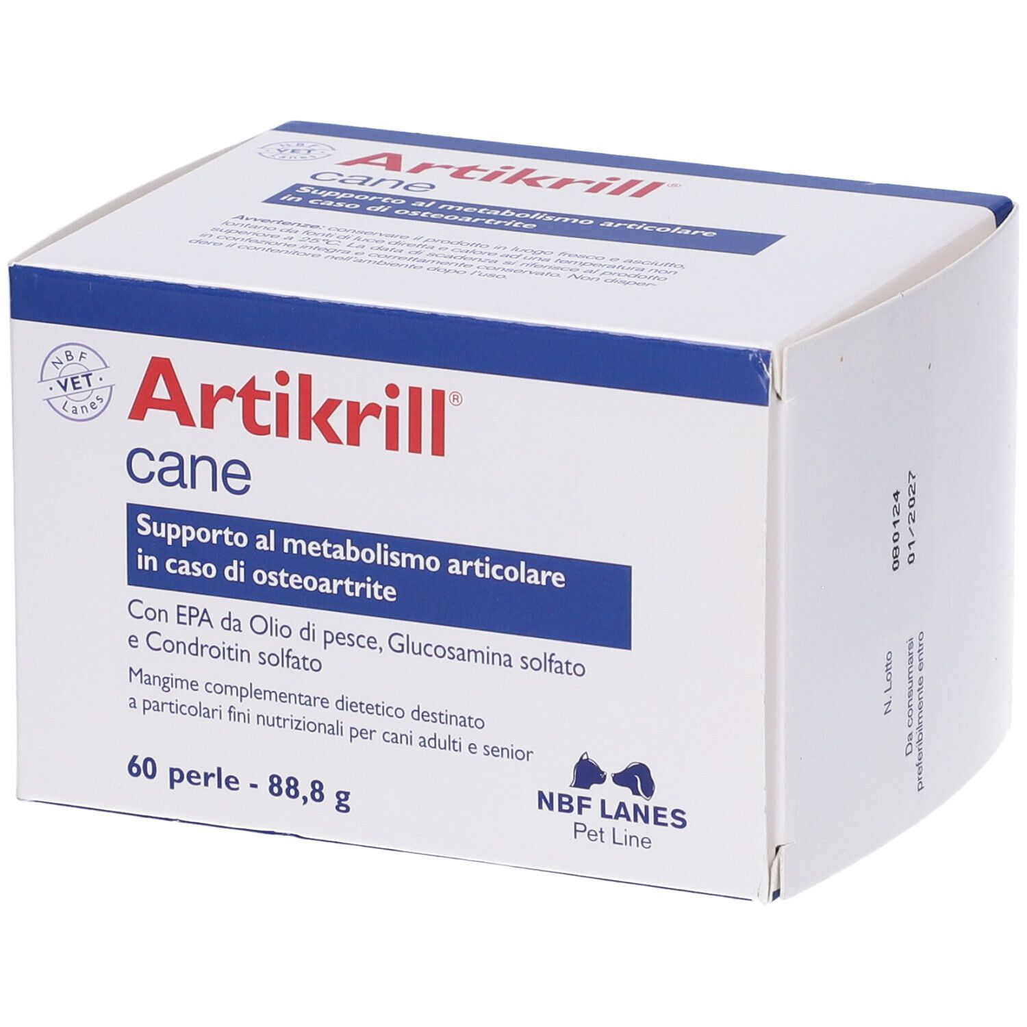 Weißer Karton mit roter Aufschrift Artikrill cane. Enthält 60 Perlen. NBF Lanes Pet Line.
