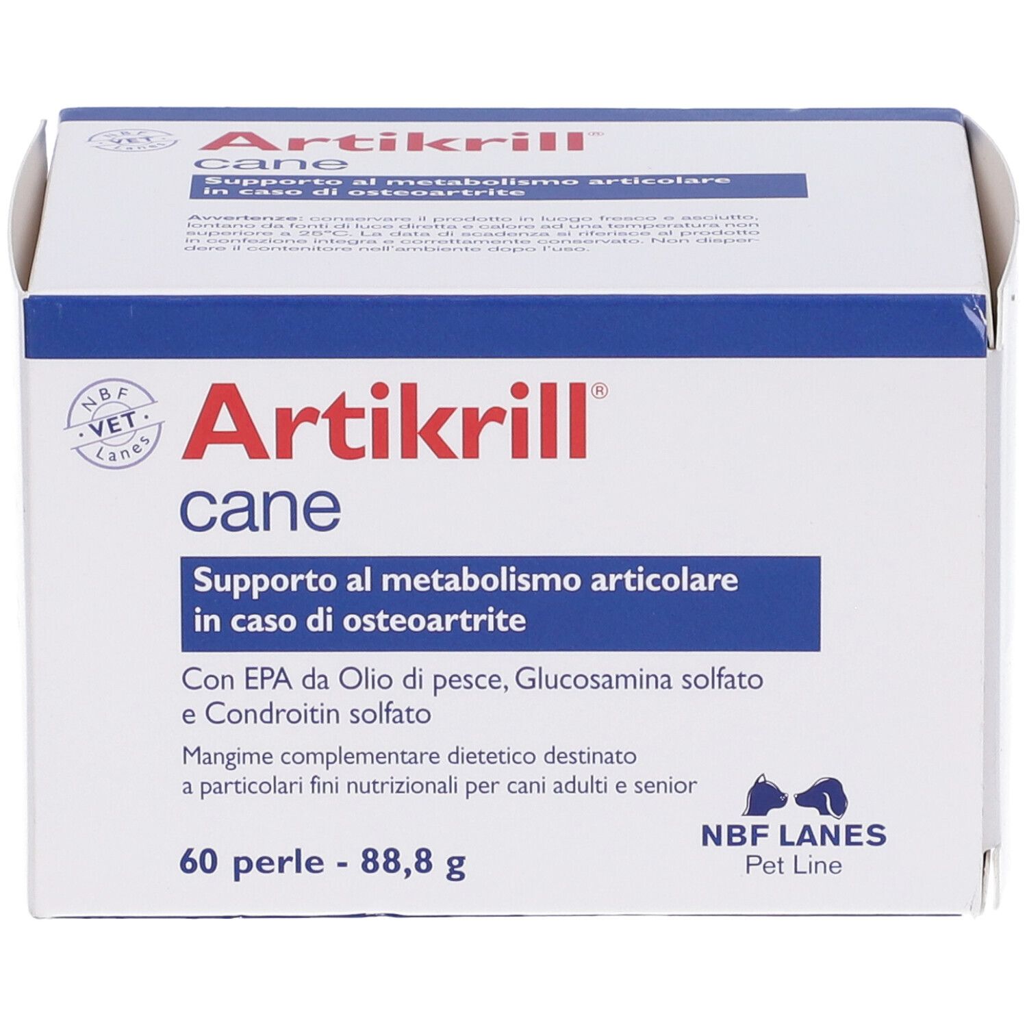 Weißer Karton mit roter Aufschrift Artikrill cane. Enthält 60 Perlen. NBF Lanes Pet Line.