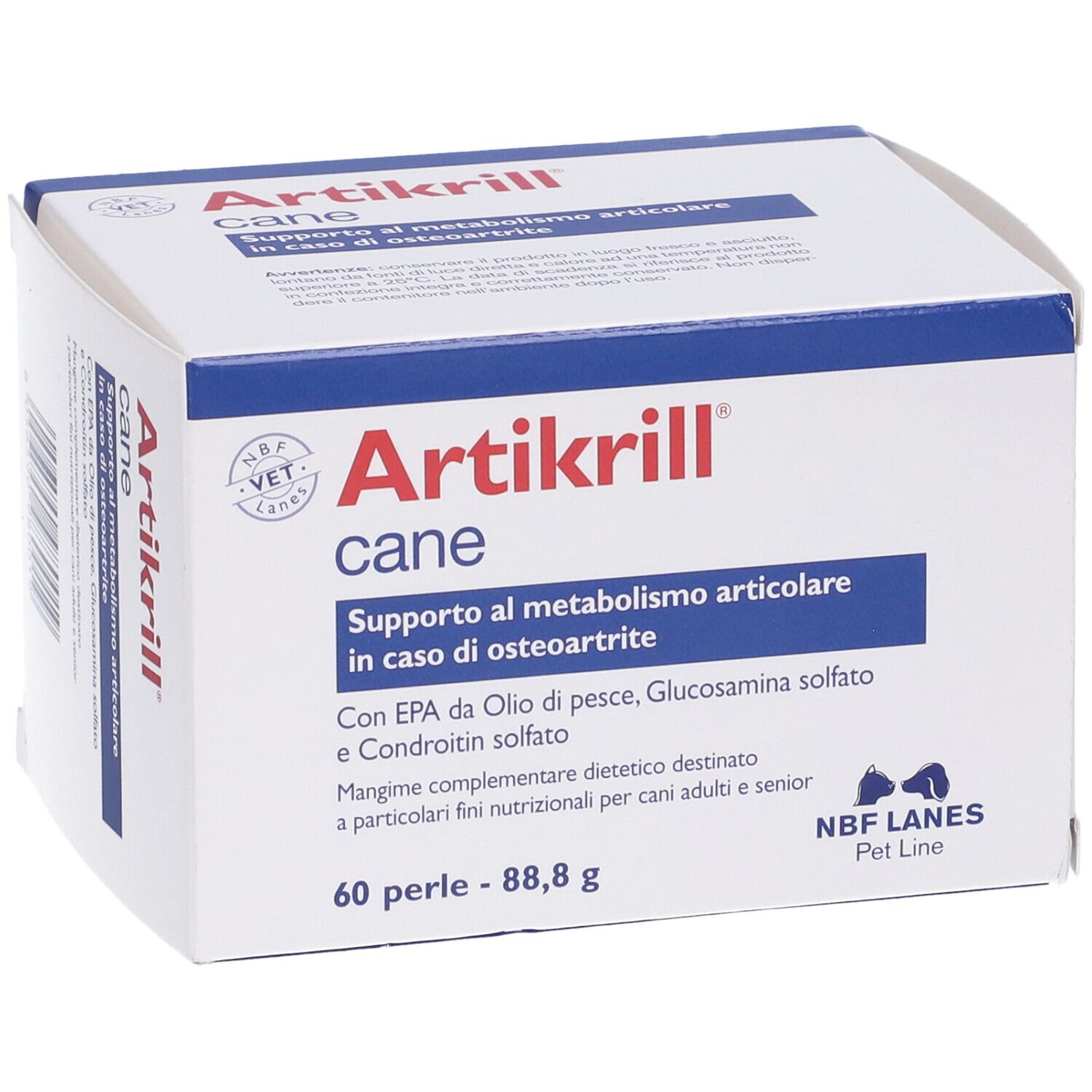 Weißer Karton mit roter Aufschrift Artikrill cane. Enthält 60 Perlen. NBF Lanes Pet Line.