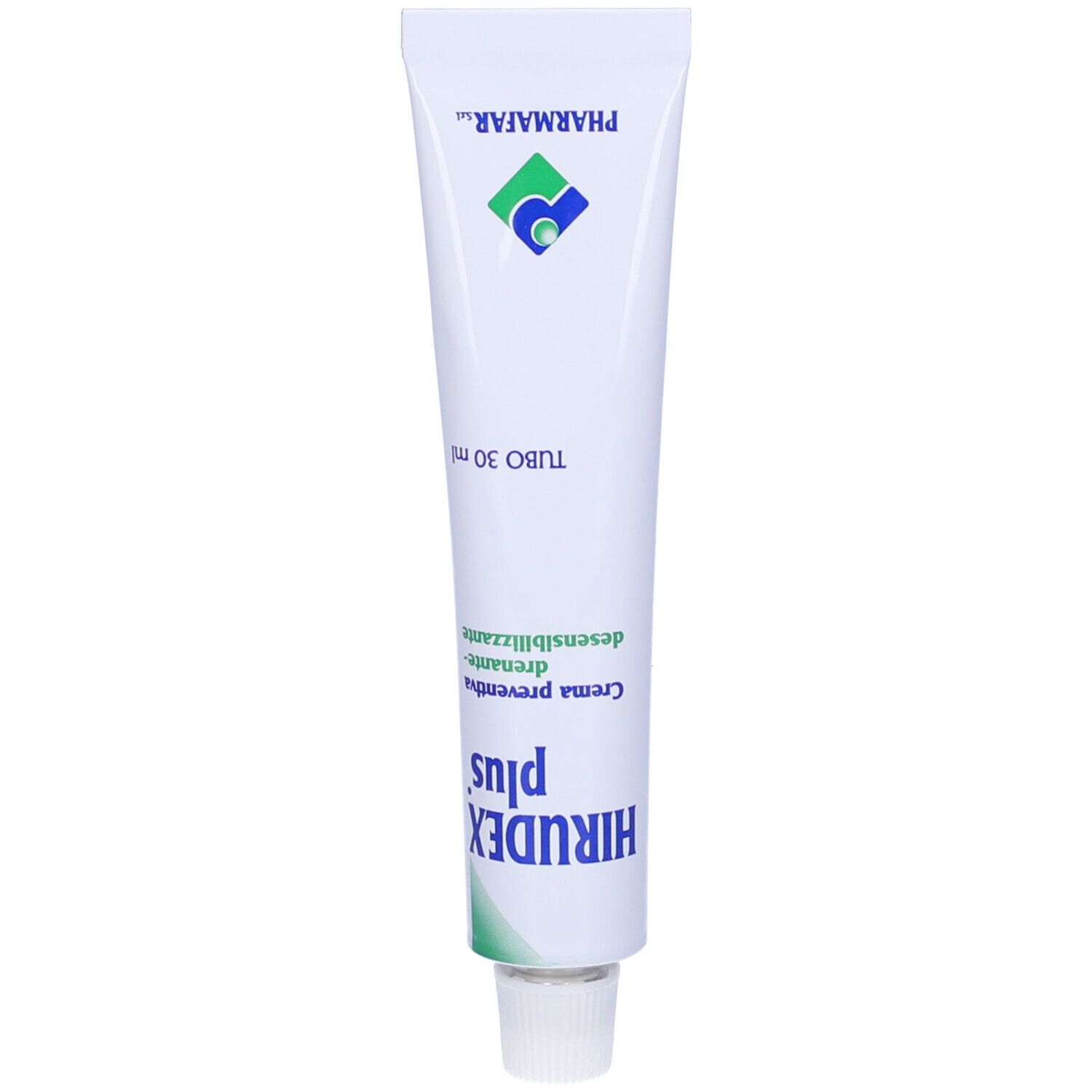 Tubo bianco con testo blu-verde. Nome prodotto: HIRUDEX plus. Testo: Crema preventiva drenante-desensibilizzante. Logo del produttore.