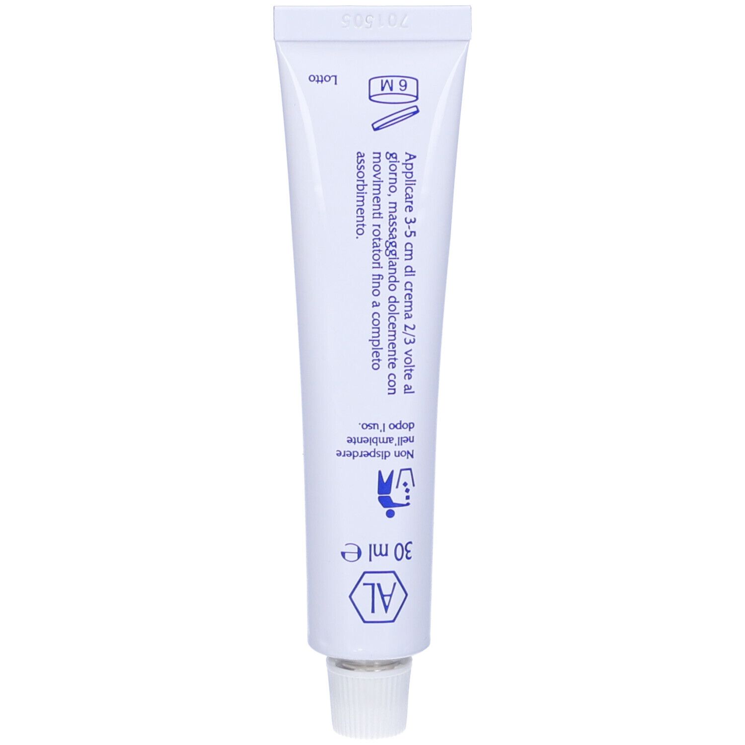 Retro del tubo bianco. Testo: Istruzioni per l'uso, 30 ml, logo. Informazioni sull'uso e lo smaltimento.