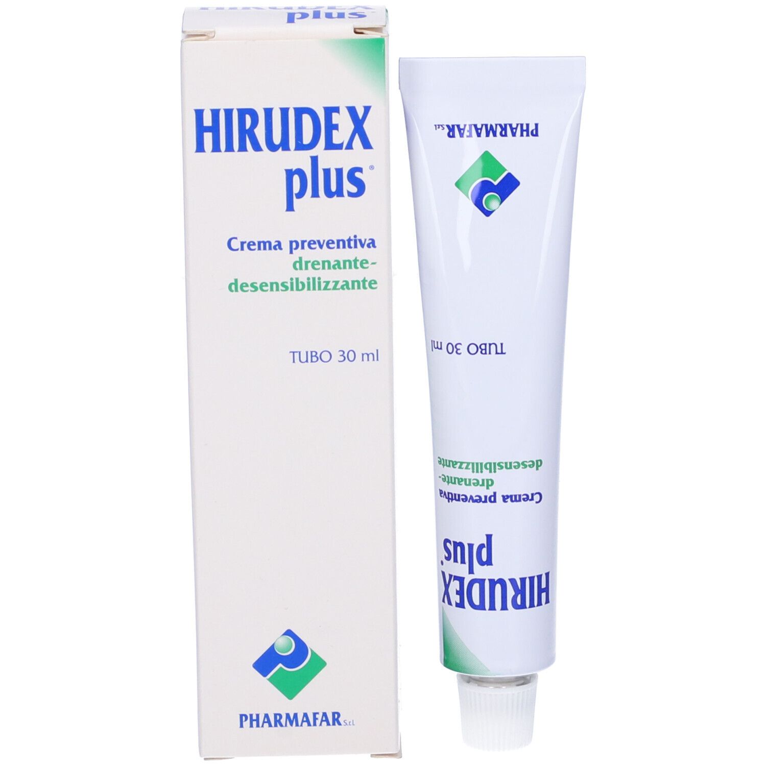 Confezione e tubo del prodotto. Confezione: bianca con testo blu-verde. Nome prodotto: HIRUDEX plus. Tubo: bianco, nome prodotto, logo del produttore.