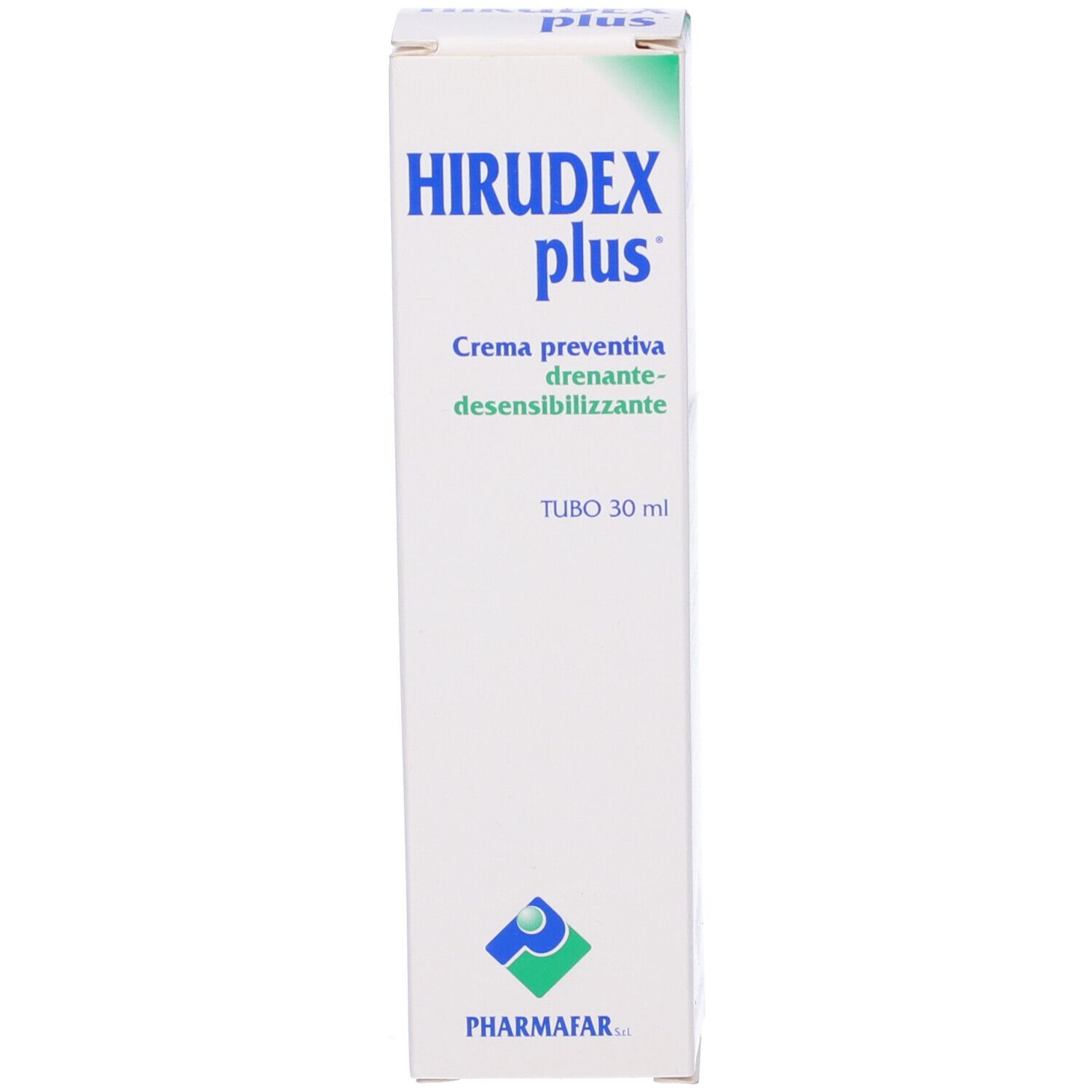 Confezione bianca del prodotto. Nome prodotto: HIRUDEX plus. Testo: Crema preventiva drenante-desensibilizzante. Logo del produttore.