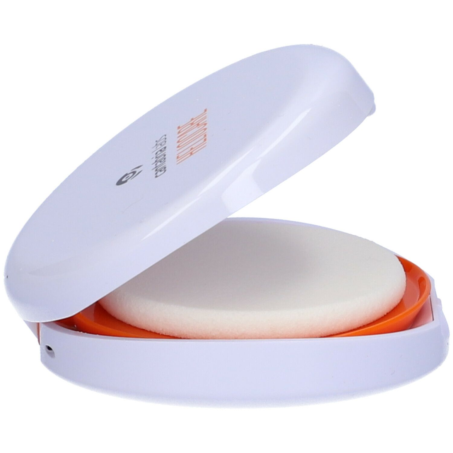 Contenitore ovale bianco aperto, base arancione, spugna beige rotonda. Contiene una cipria compatta.