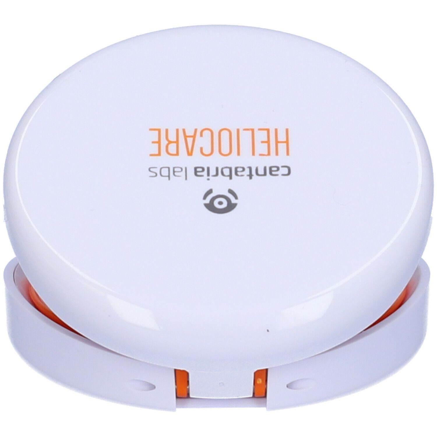 Contenitore rotondo bianco con base arancione. Scritta 'HELIOCARE' e 'cantabria labs' sul coperchio.