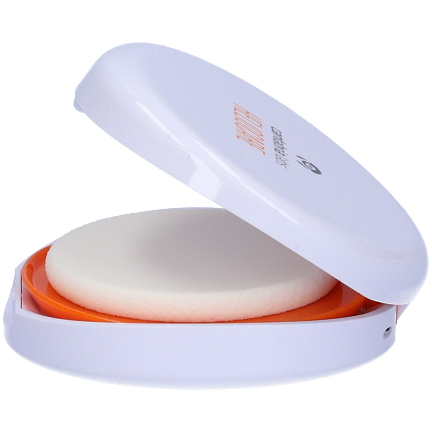 Contenitore ovale bianco aperto, base arancione, spugna beige rotonda. Contiene una cipria compatta.