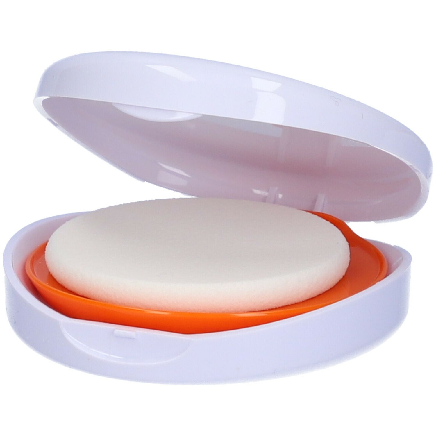 Contenitore ovale bianco aperto, base arancione, spugna beige rotonda. Contiene una cipria compatta.