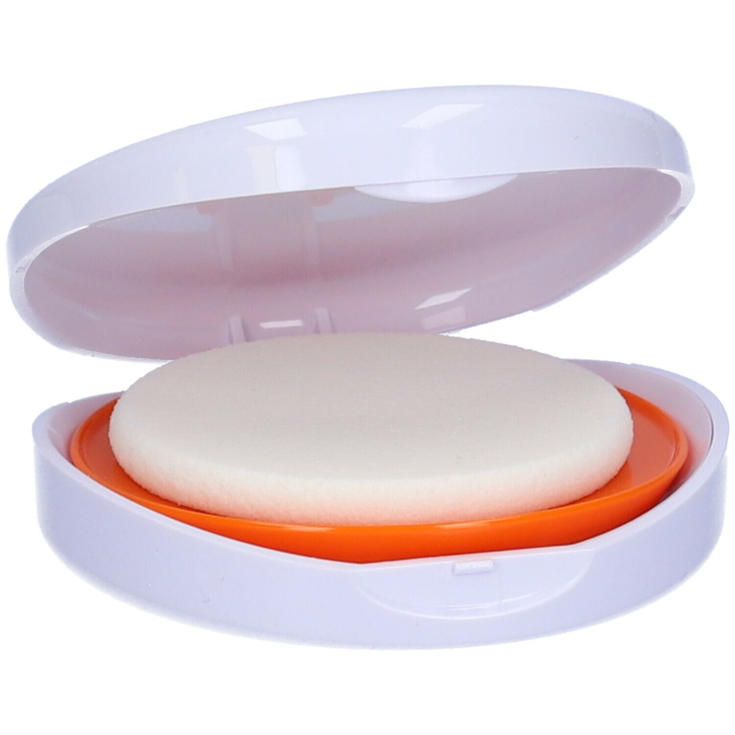 Contenitore ovale bianco aperto, base arancione, spugna beige rotonda. Contiene una cipria compatta.